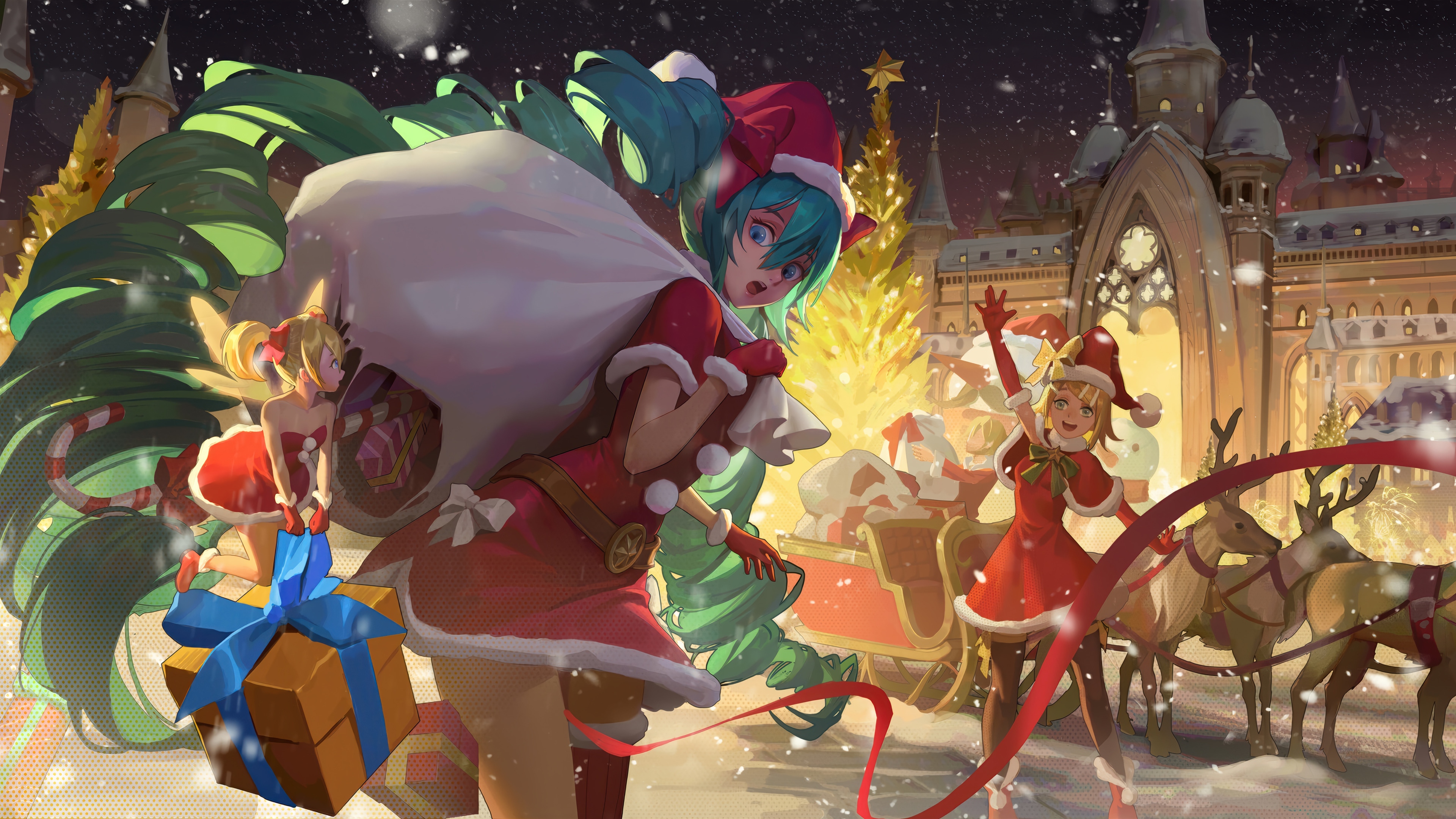 Hatsune Miku and friends delivering Christmas gifts HD Wallpaper