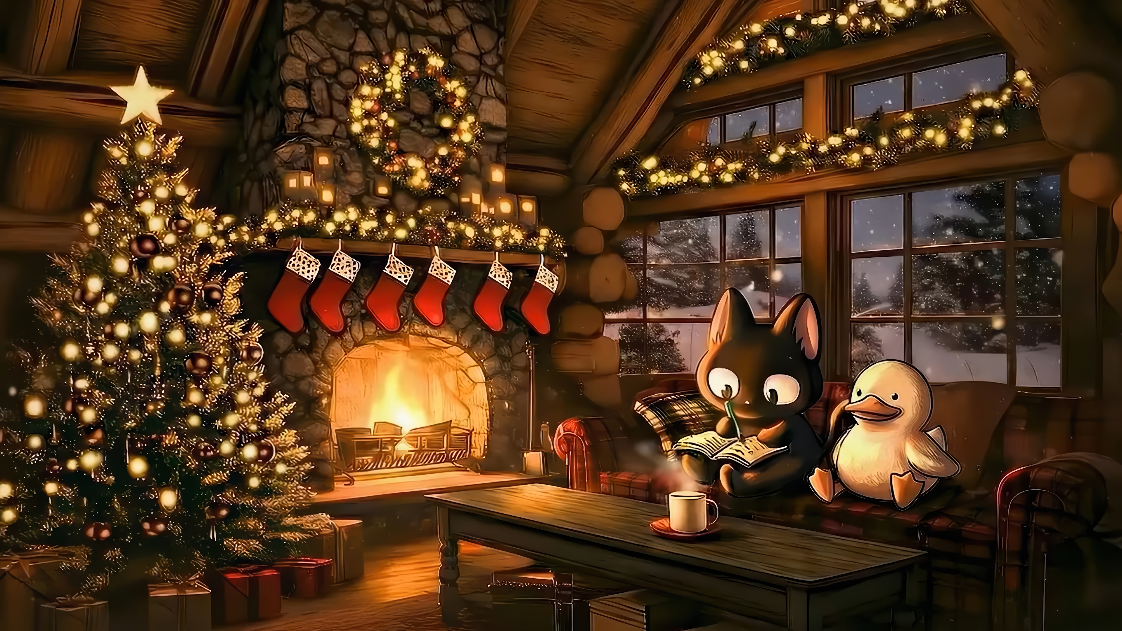 Christmas cabin with cat and duck by fireplace 4K HD Wallpaper