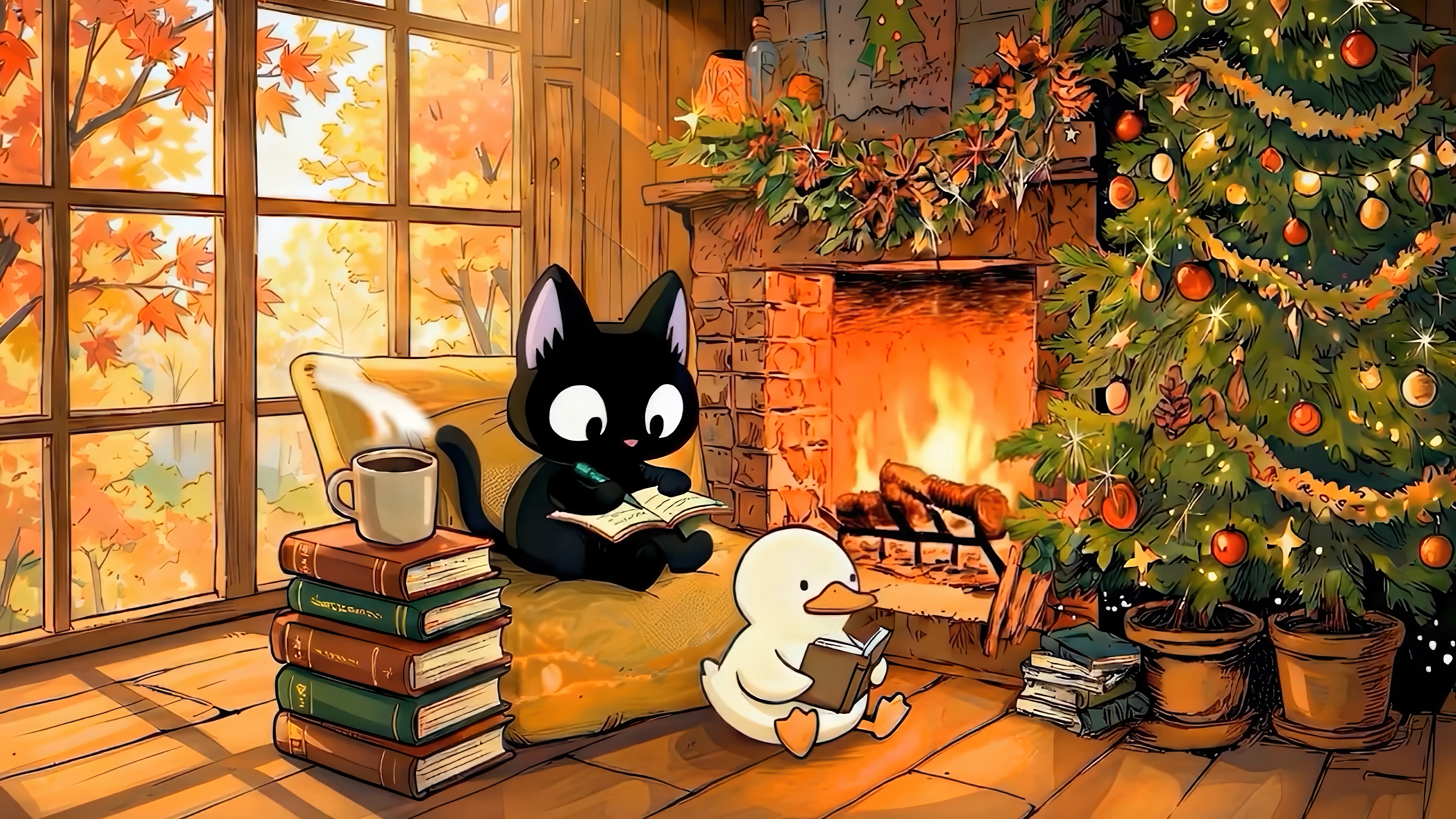 Cat and Duck Reading by a Christmas Tree and Fireplace HD Wallpaper
