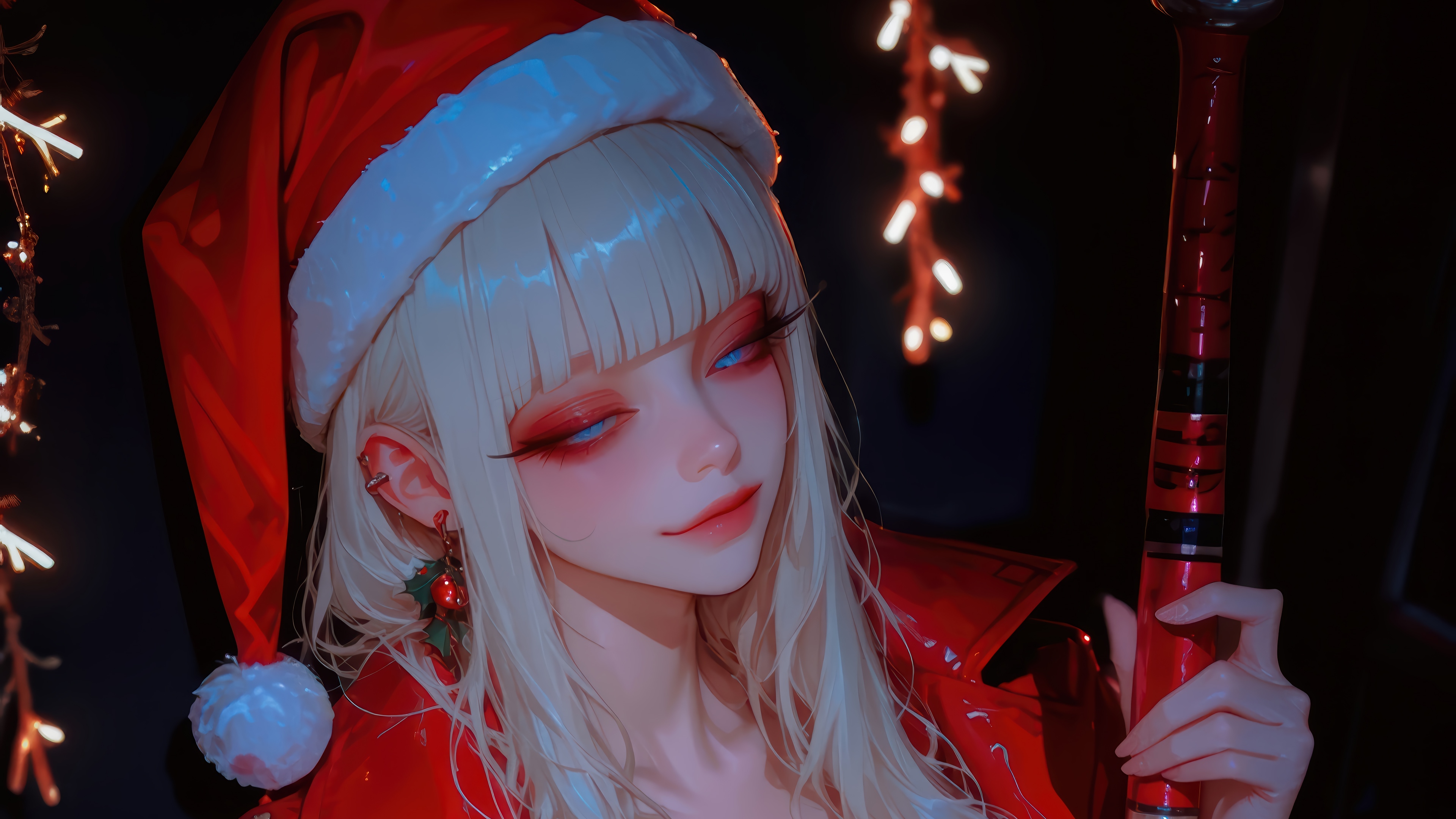 Anime Girl in Santa Hat with Christmas Lights HD Wallpaper