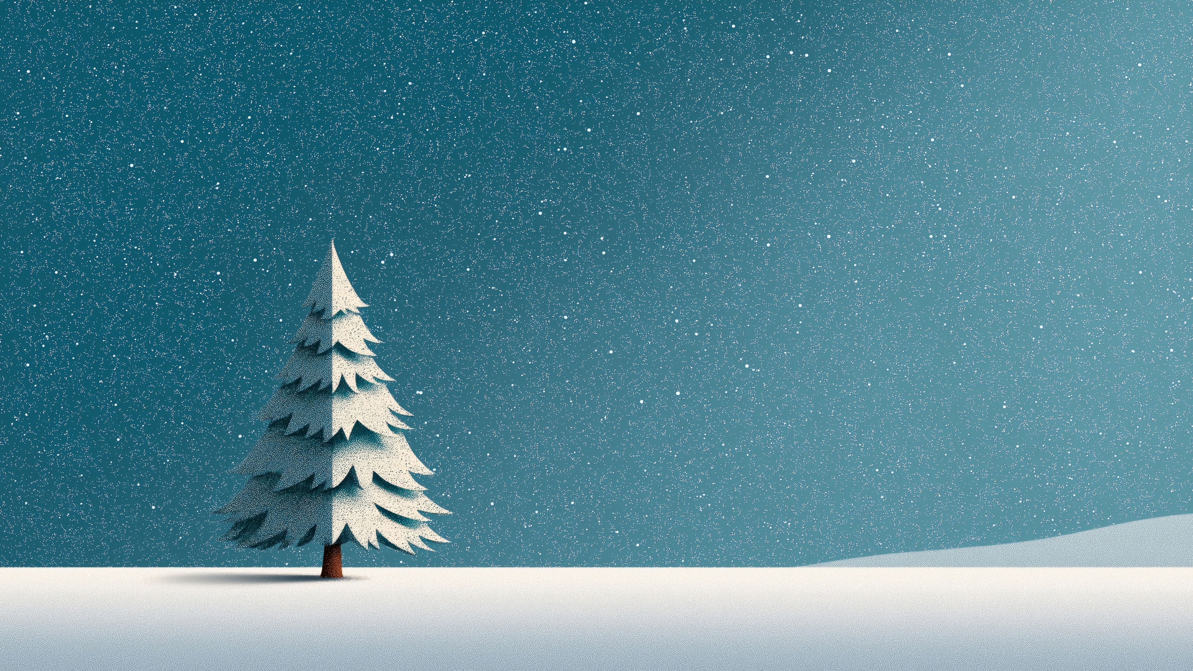 A lone snow-covered Christmas tree under a starry sky HD Wallpaper
