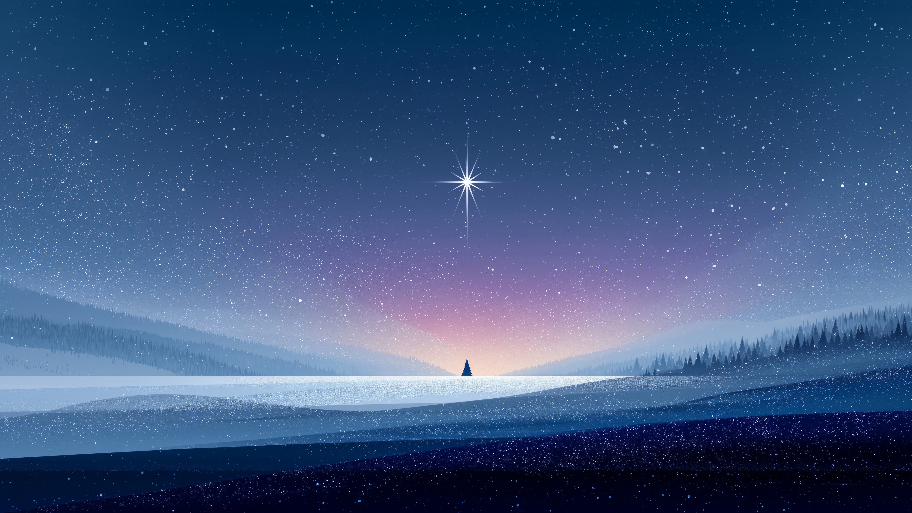Winter Night Scenery with North Star 4K HD Wallpaper