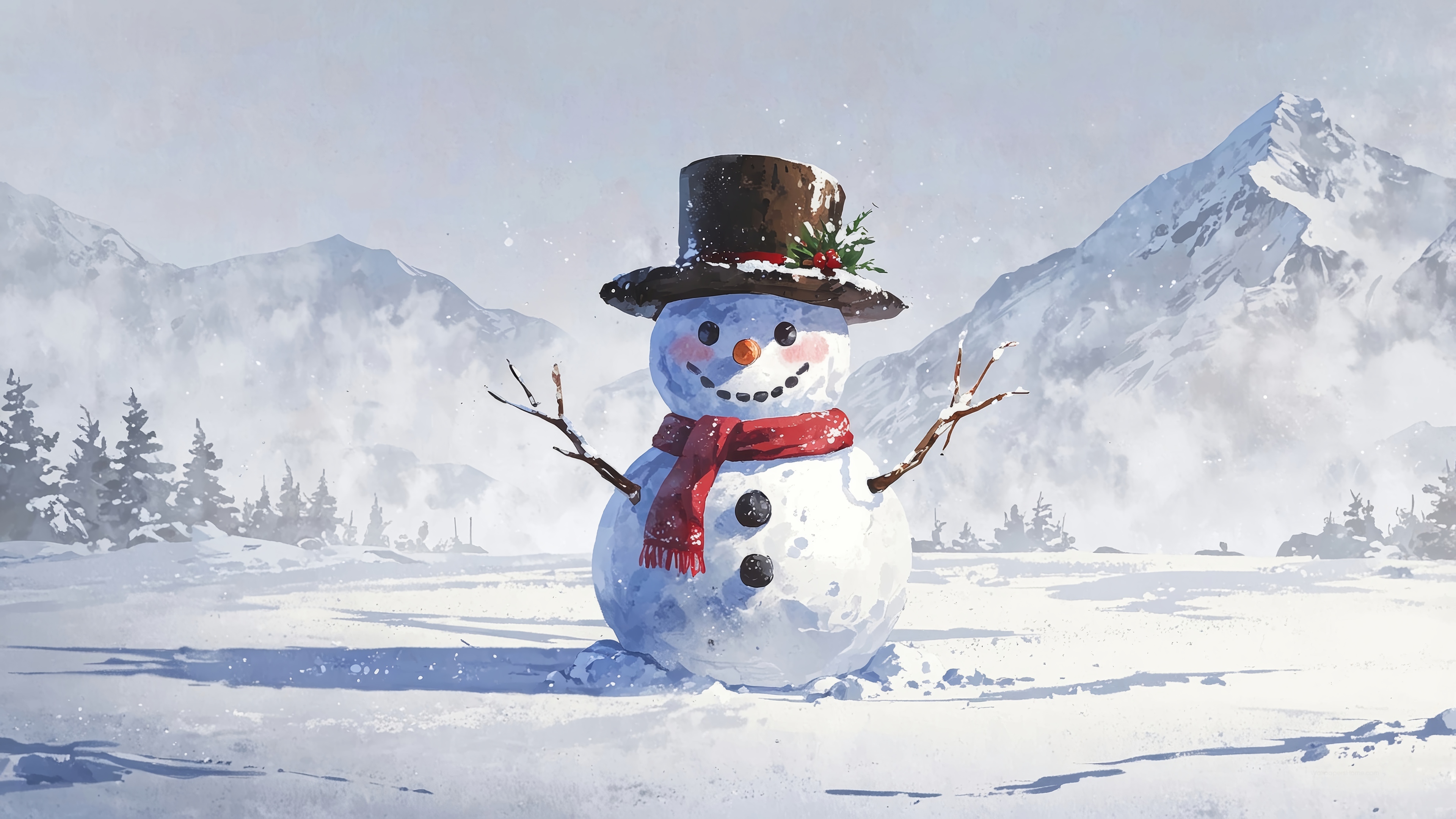 Snowman in a snowy landscape with mountains HD Wallpaper