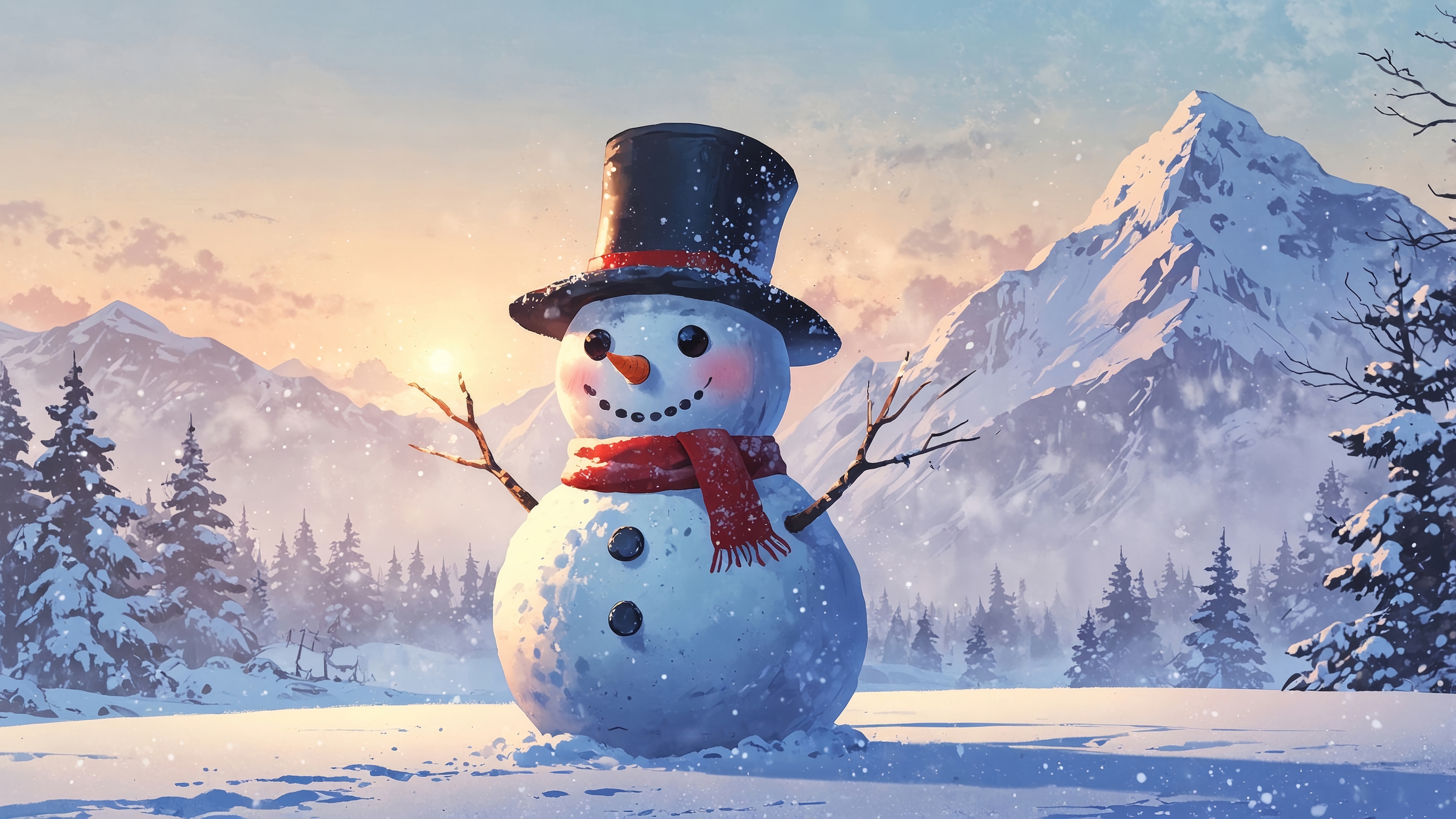 Snowman in a winter landscape with mountains HD Wallpaper