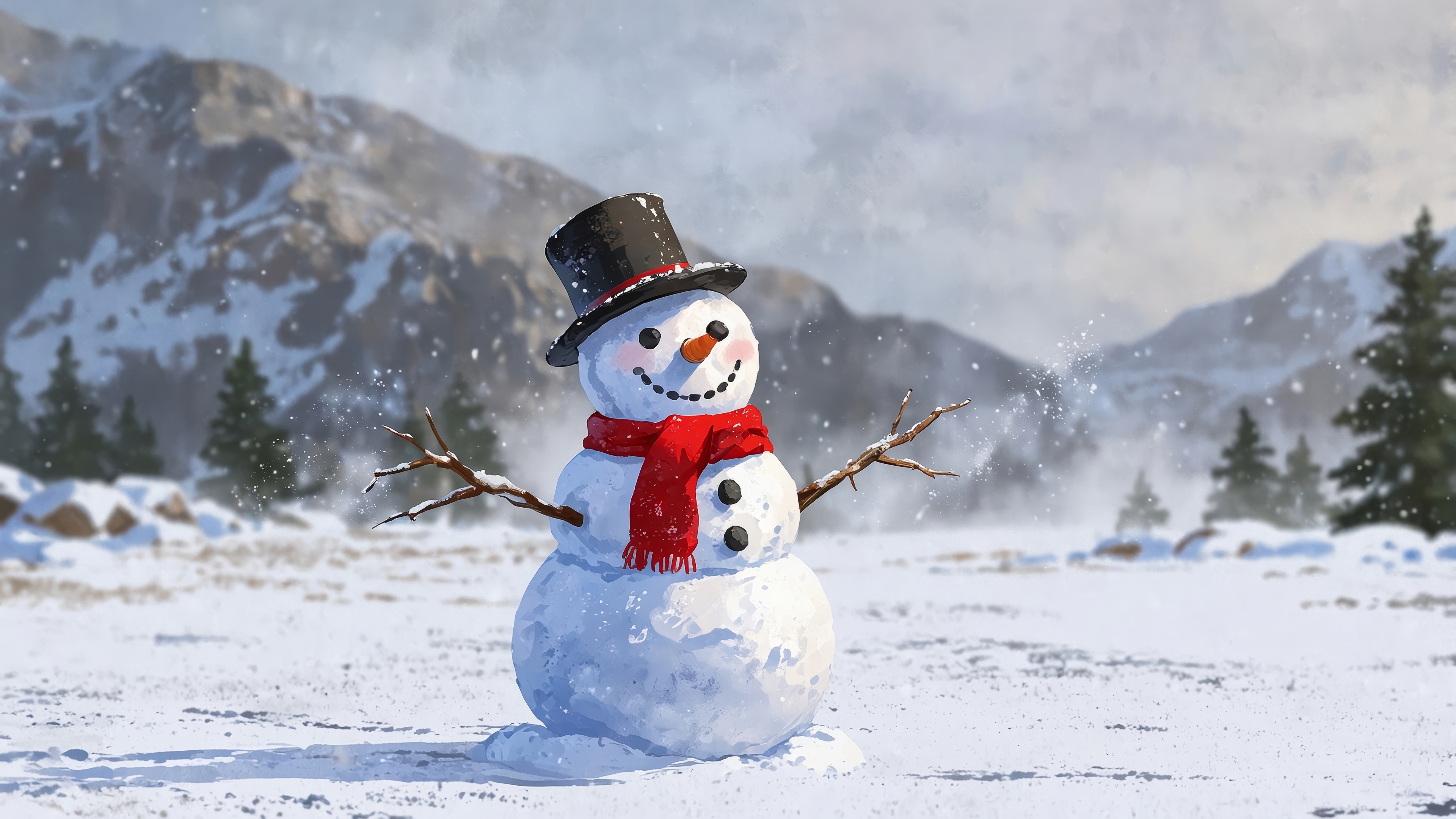Snowman with a top hat and scarf in the snow HD Wallpaper