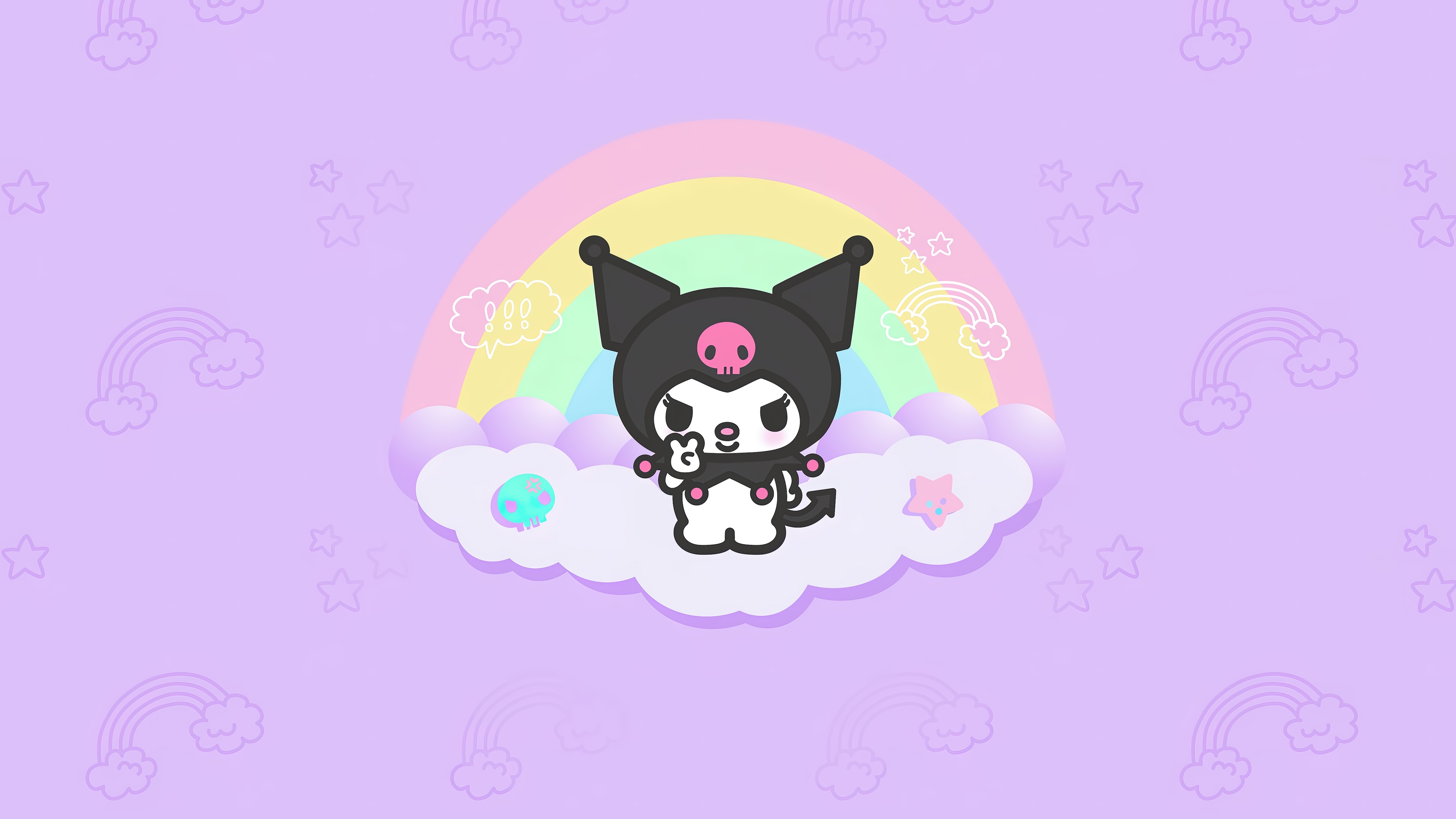 Kuromi on a cloud with a rainbow background HD Wallpaper