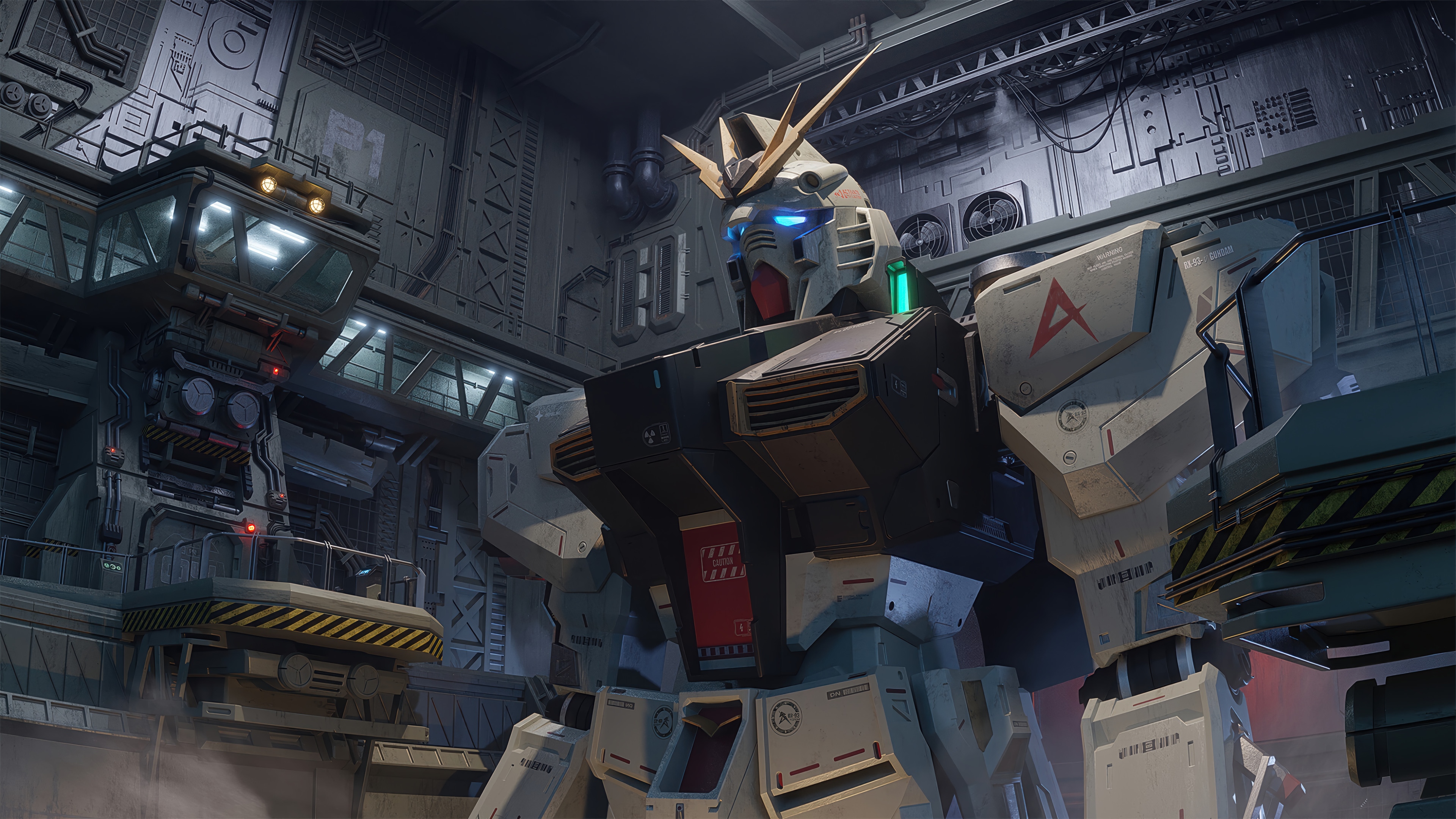 Gundam in a hangar bay HD Wallpaper