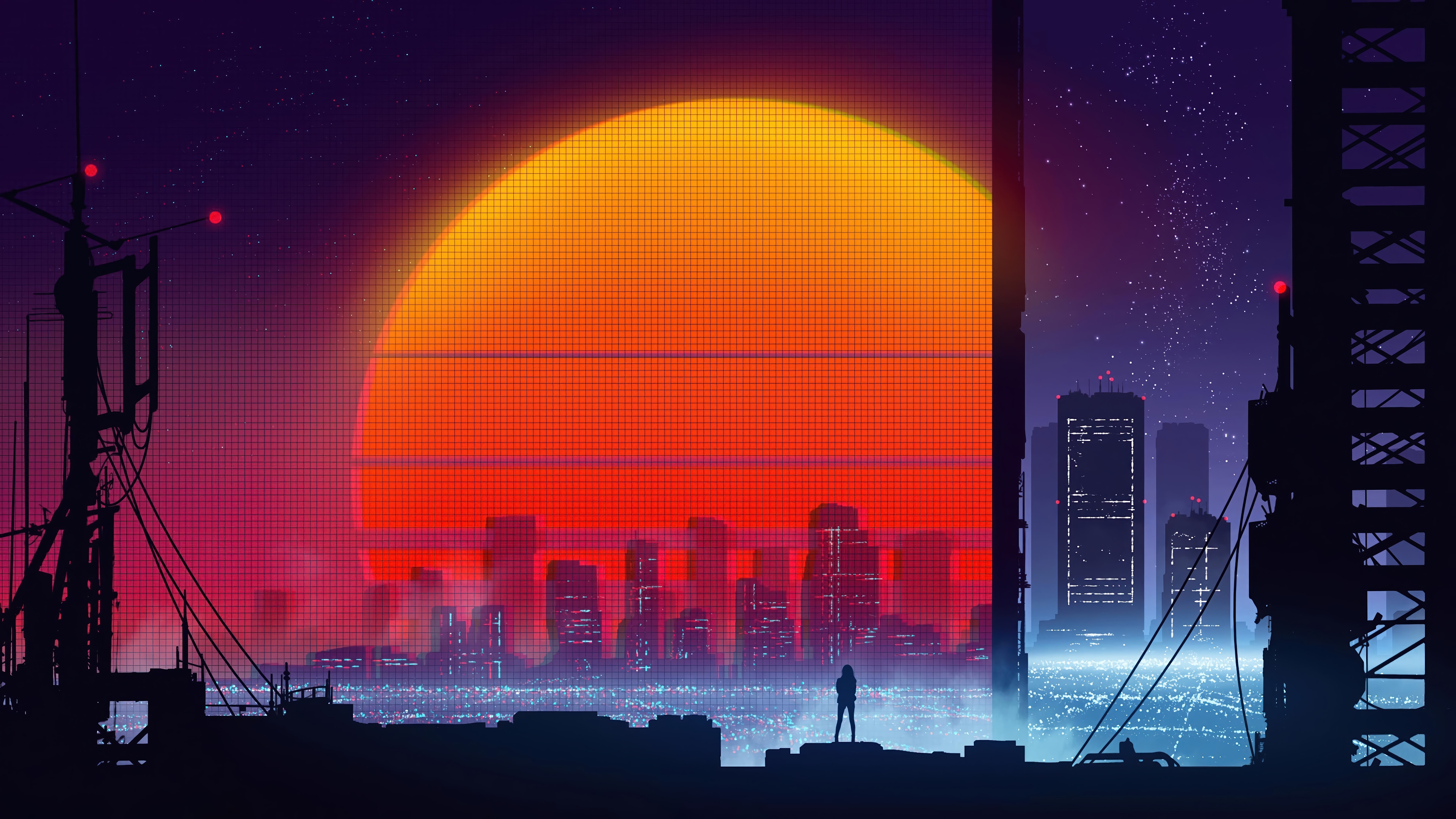 Futuristic Cityscape at Night with Large Sun HD Wallpaper