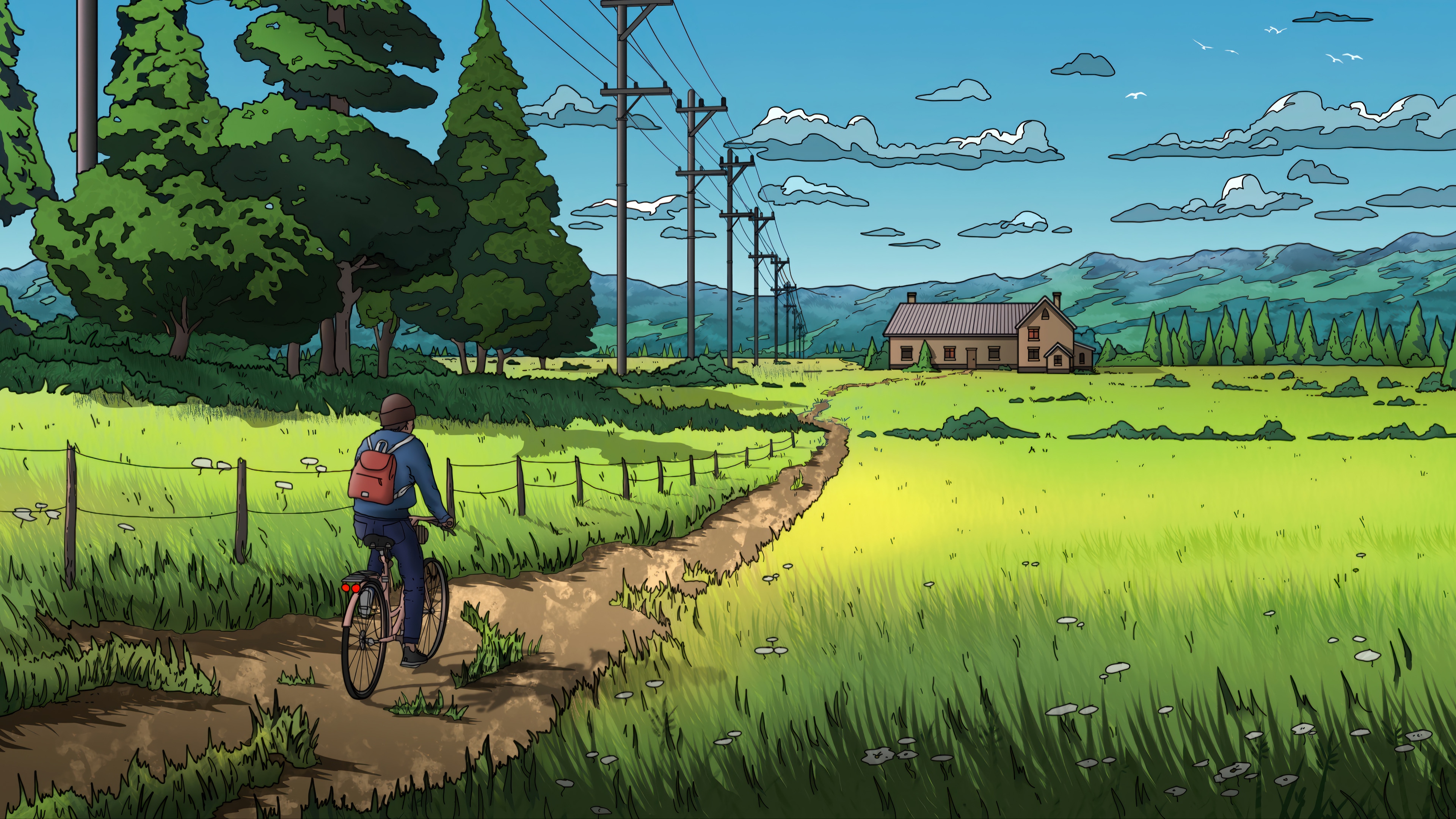Cycling through a rural landscape with a farmhouse HD Wallpaper
