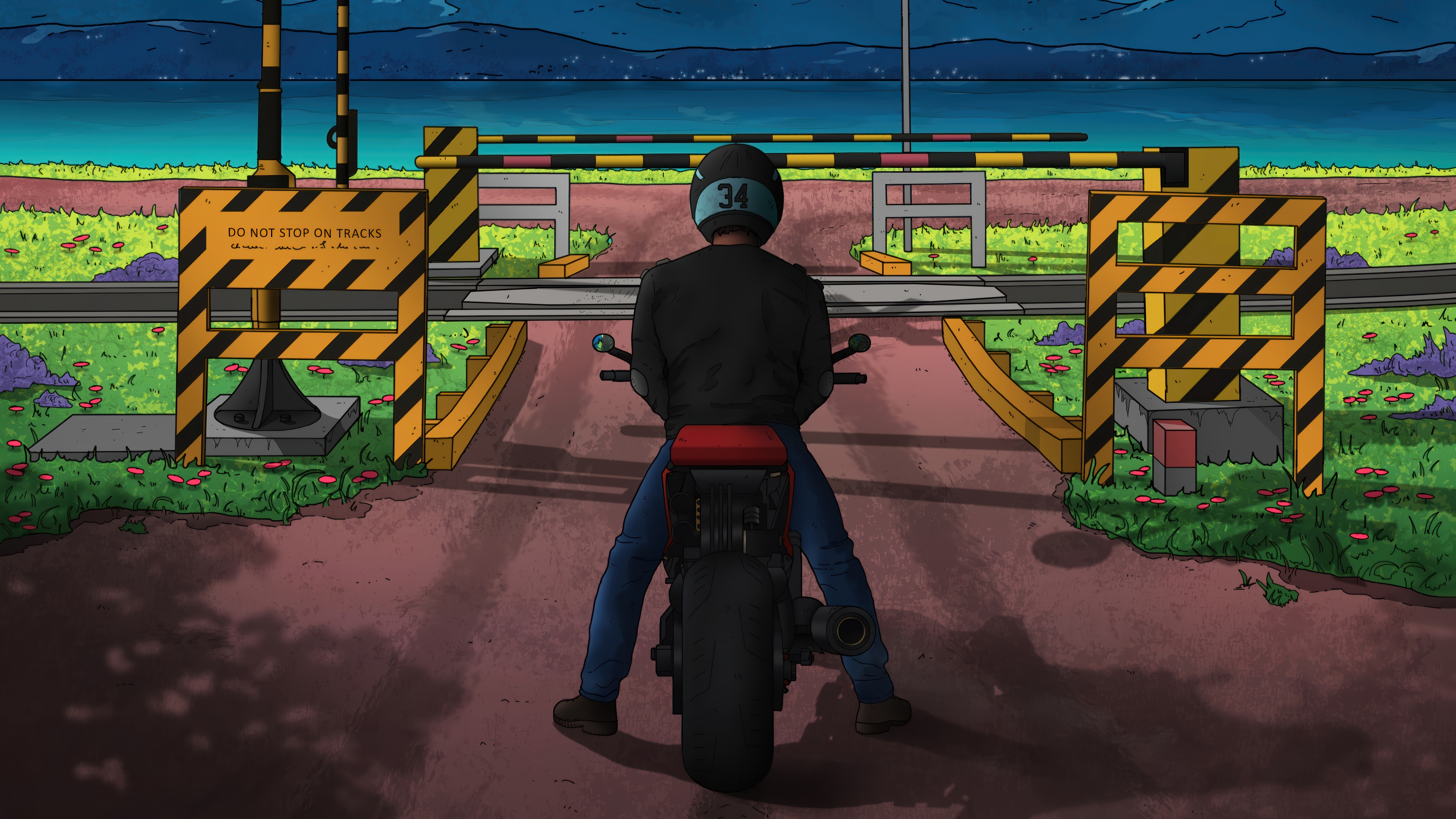 Motorcycle at a Train Crossing HD Wallpaper