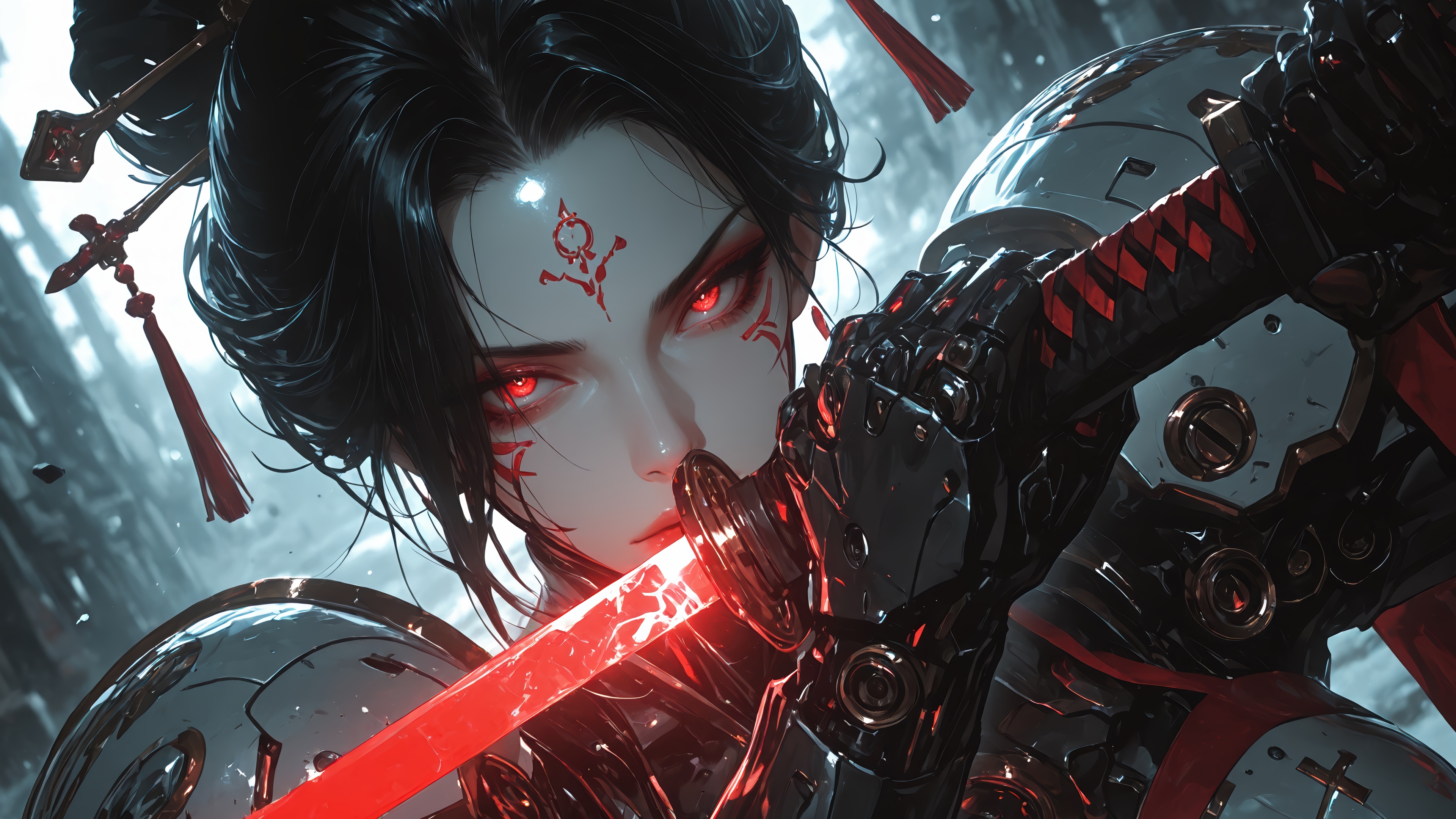 Cyberpunk Anime Girl with Glowing Katana HD Wallpaper