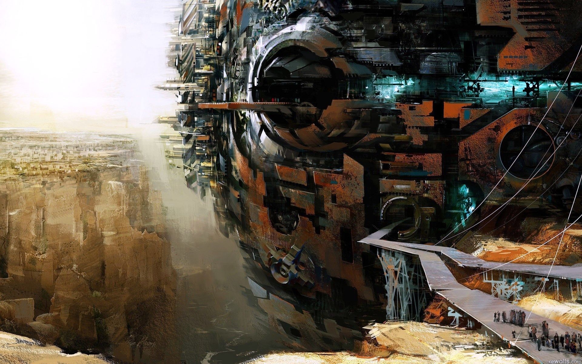 Concept art of a futuristic city in a canyon by Daniel Dociu HD Wallpaper