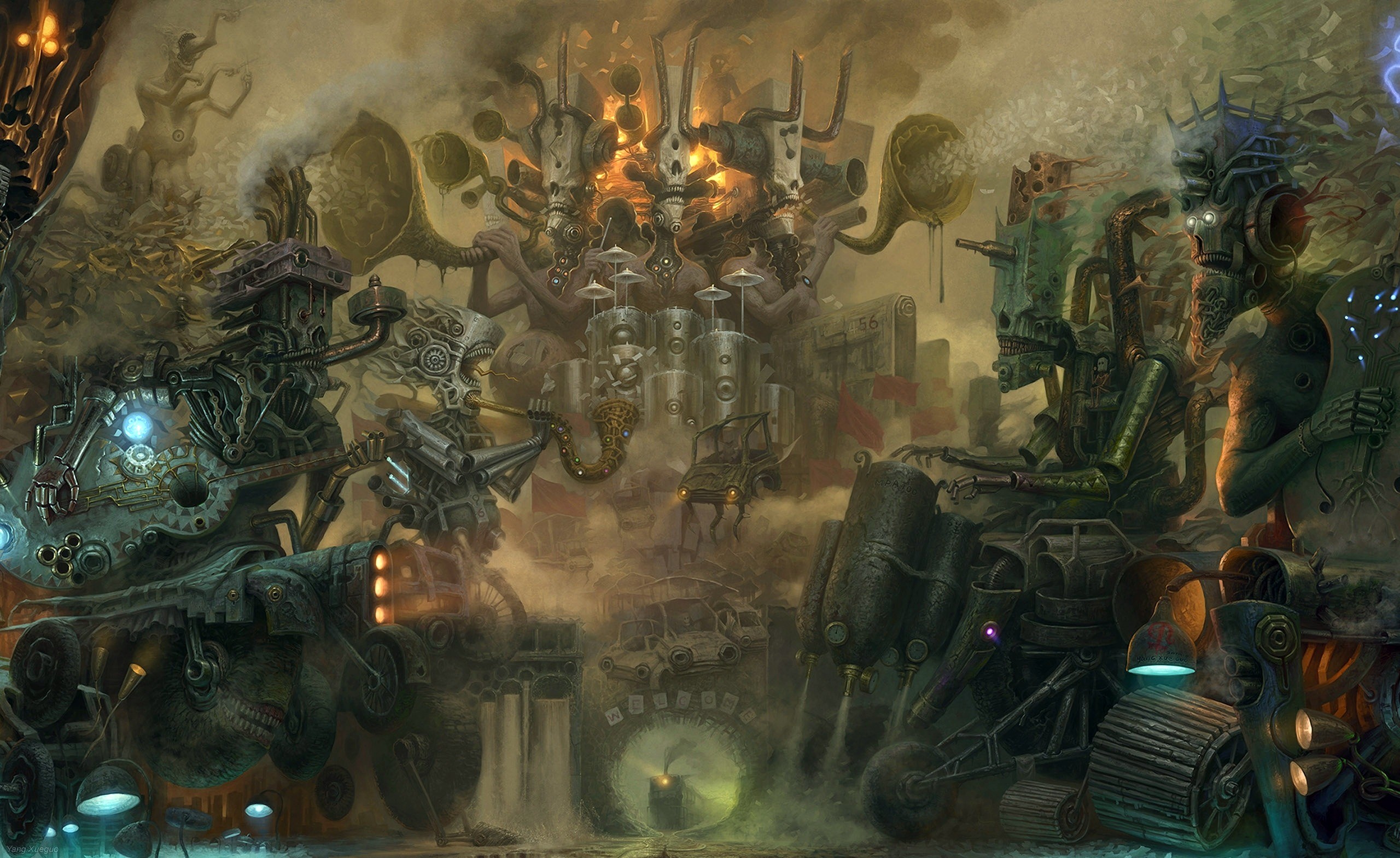 Surreal mechanical orchestra with skeletal figures HD Wallpaper
