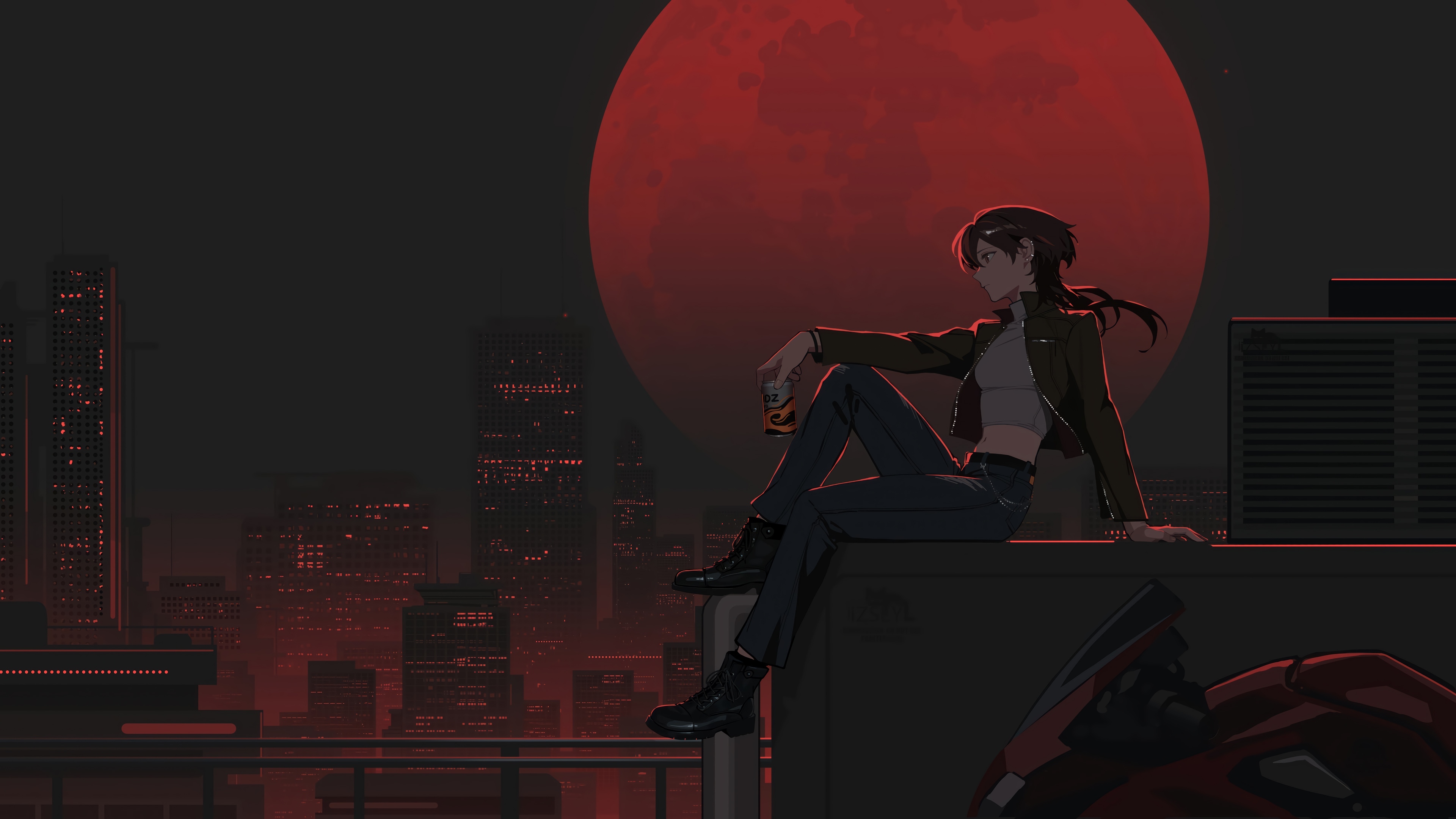 Anime Girl on Rooftop with Red Moon 4K HD Wallpaper
