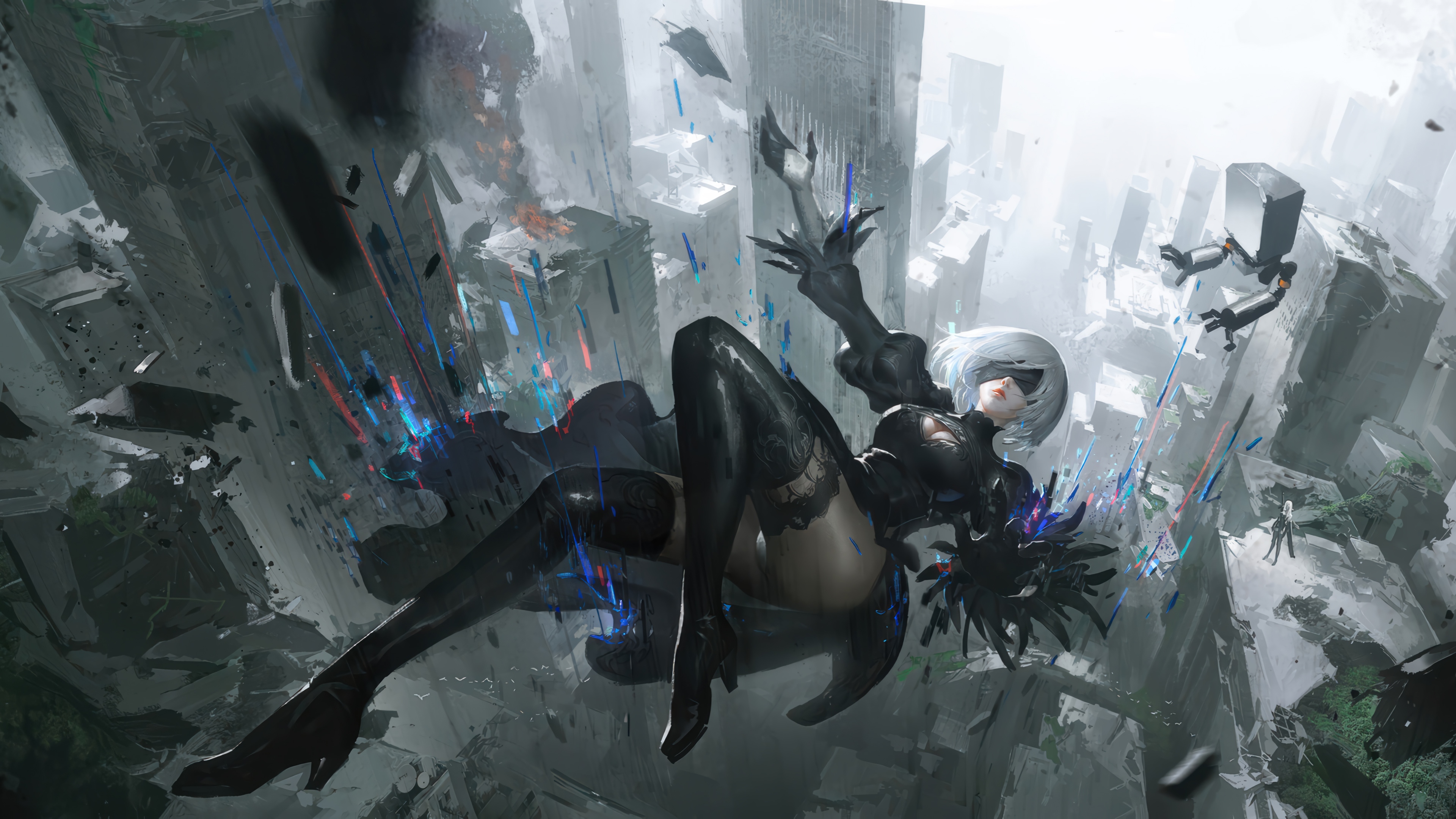YoRHa 2B falling in a destroyed city, NieR: Automata 4K HD Wallpaper
