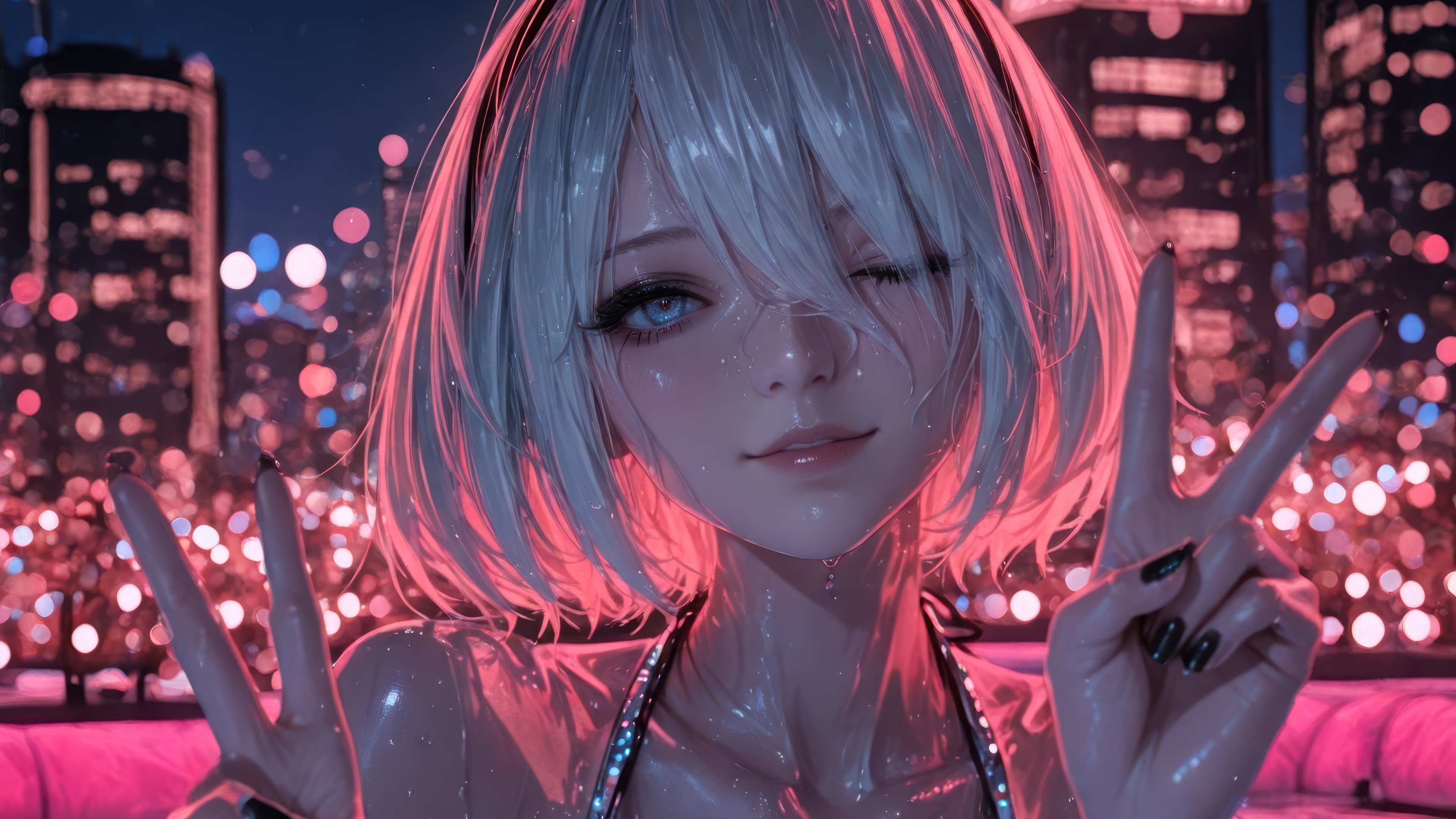 YoRHa 2B in a Pool at Night 4K HD Wallpaper