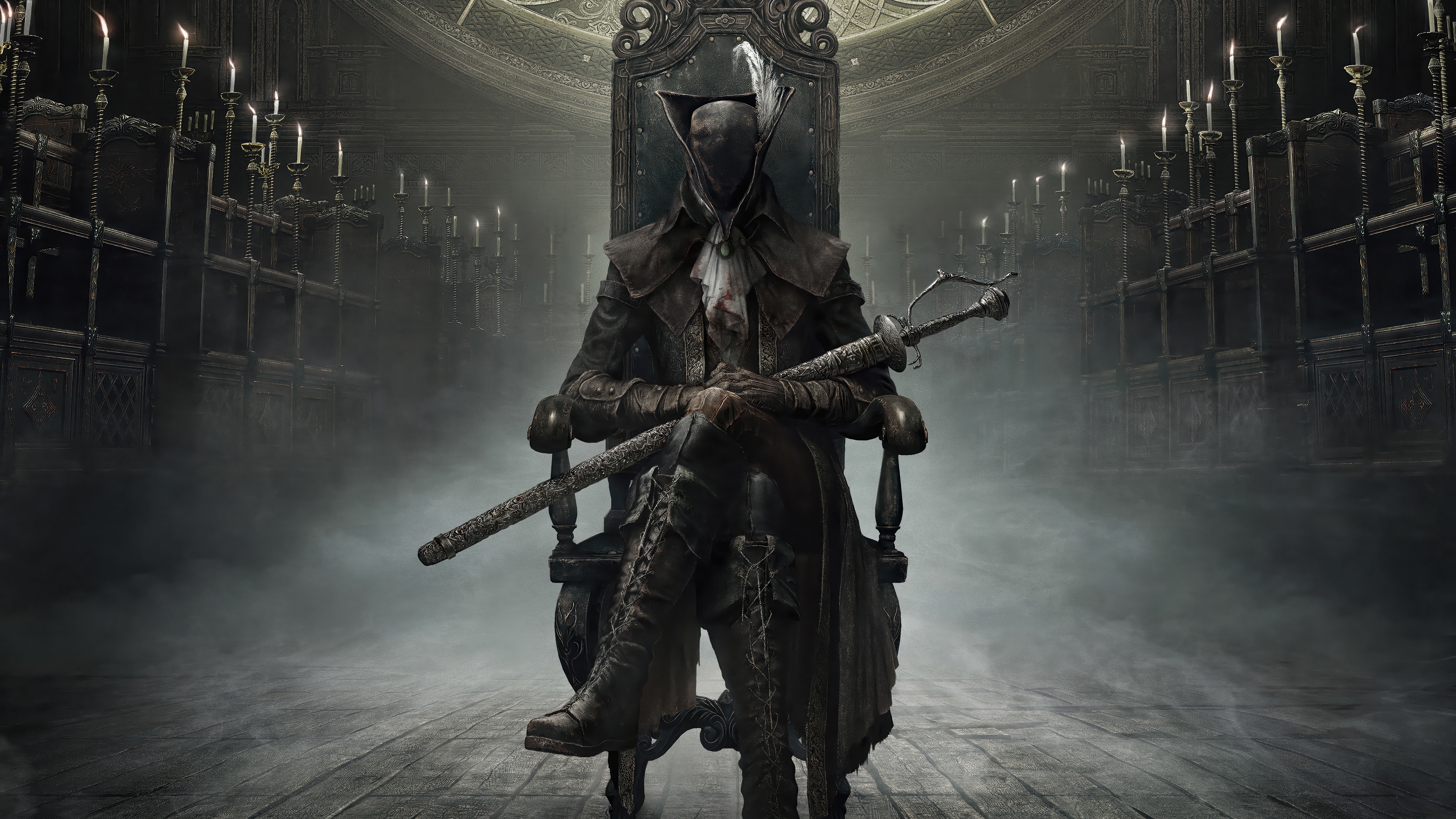 Bloodborne Hunter sitting on a throne with a sword HD Wallpaper