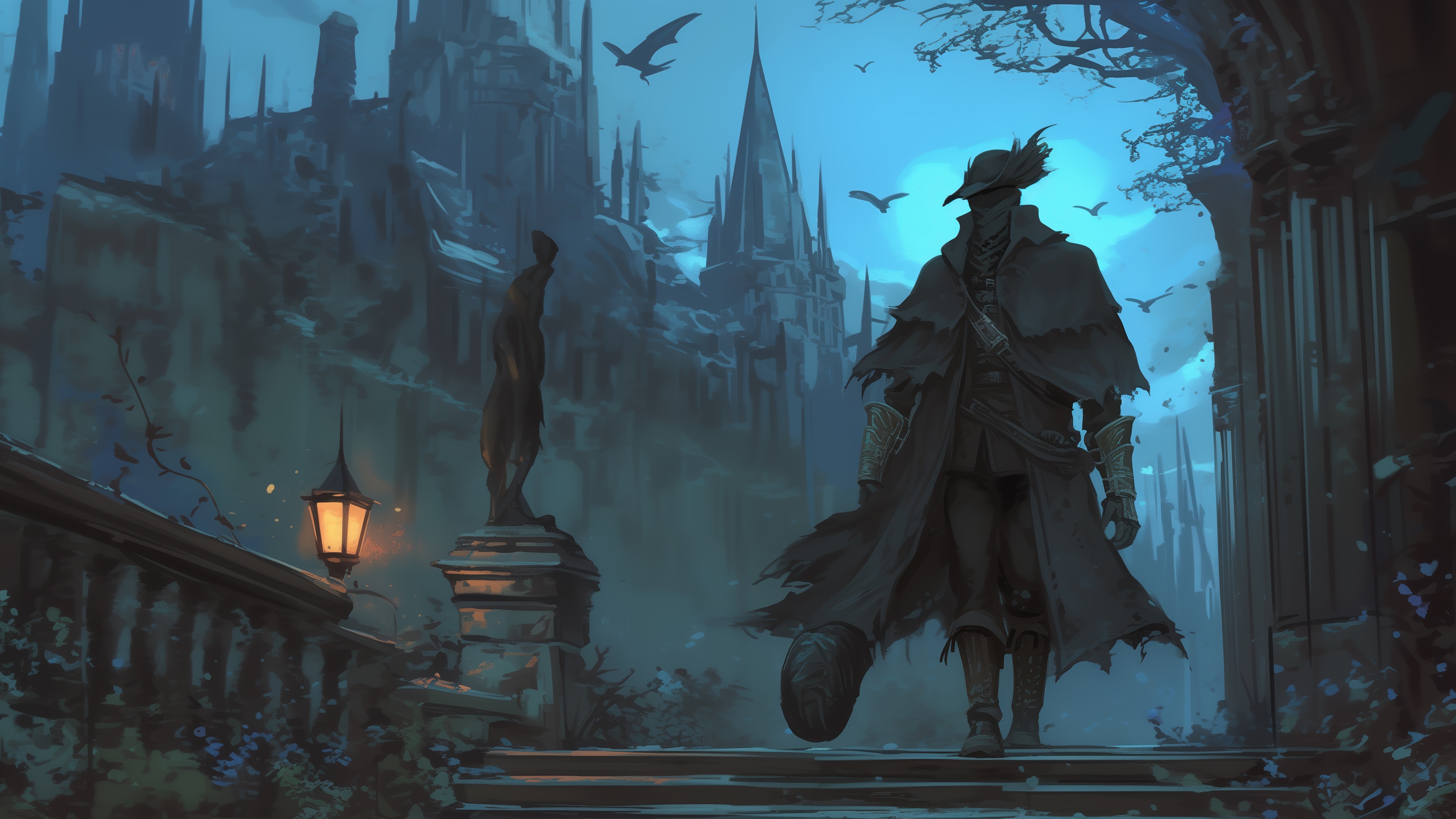 Bloodborne Hunter in a Gothic Cityscape 4K HD Wallpaper
