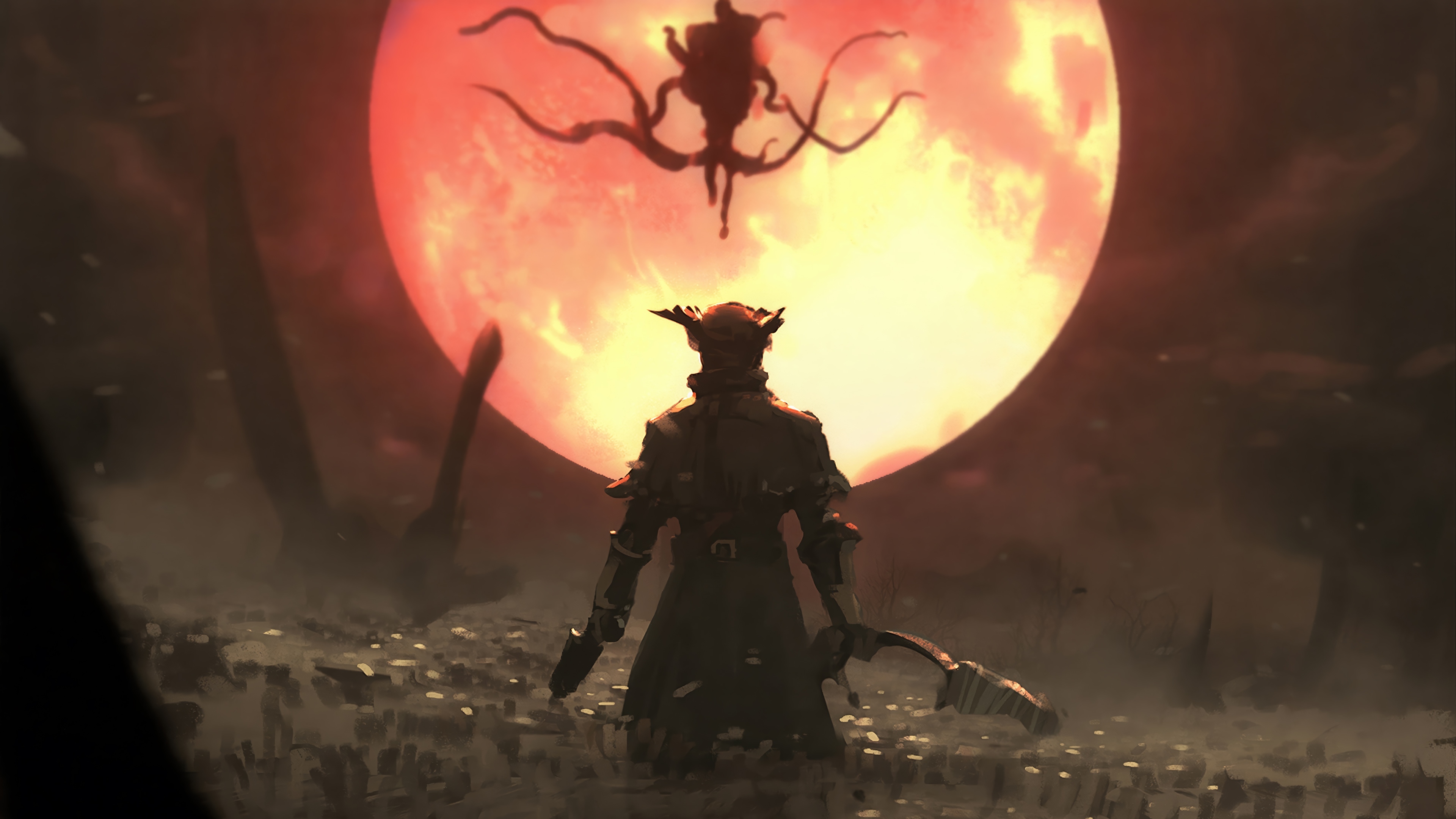 Bloodborne 4K: Hunter faces cosmic entity under blood moon HD Wallpaper