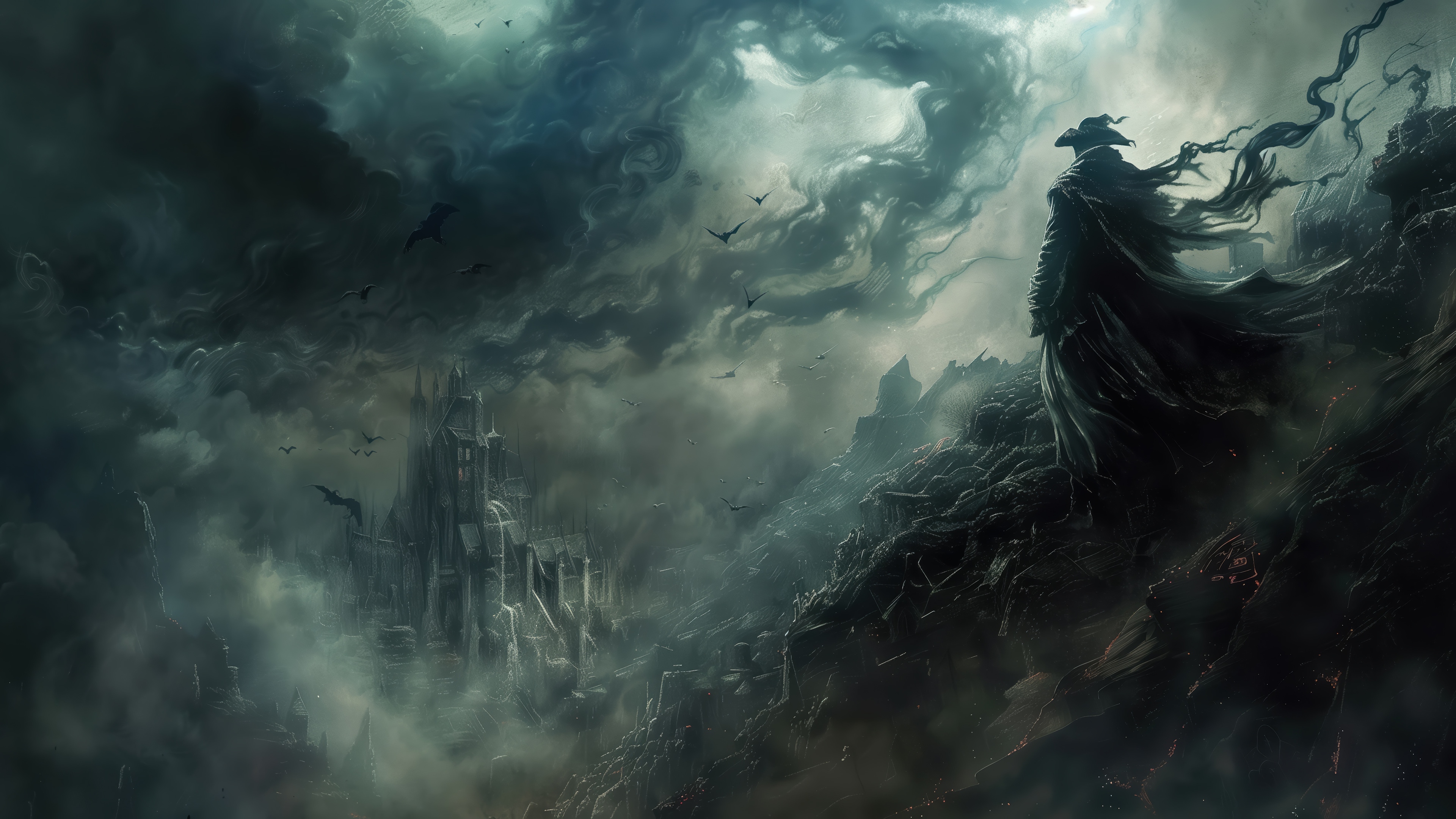 Bloodborne 4K: A dark figure stands on a cliff overlooking a ruined city HD Wallpaper