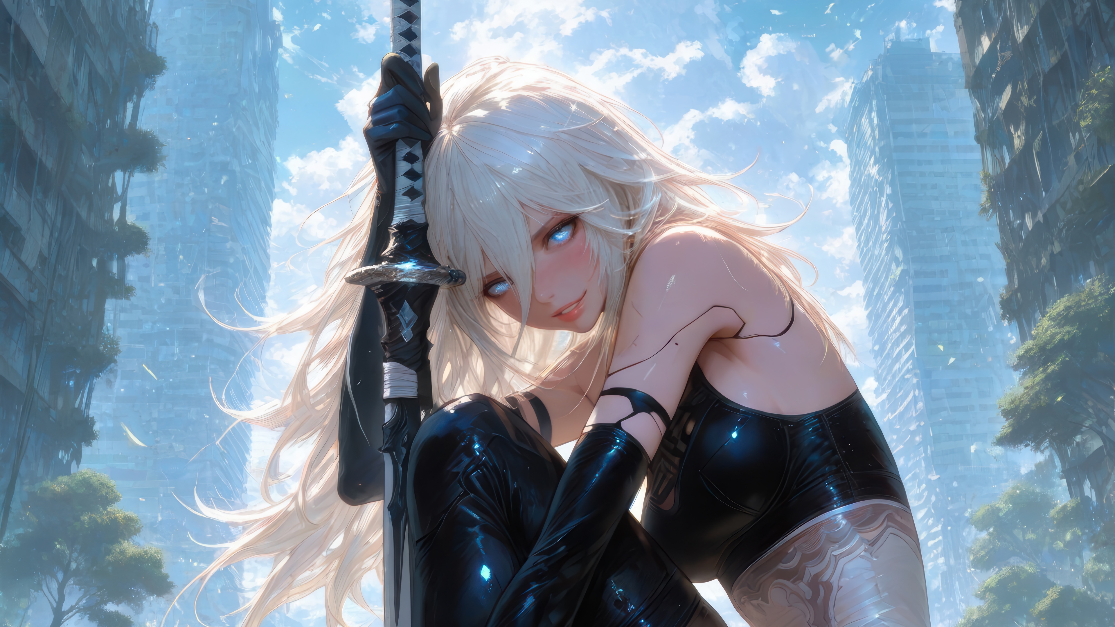 YoRHa 2B with sword in ruined city 4K HD Wallpaper