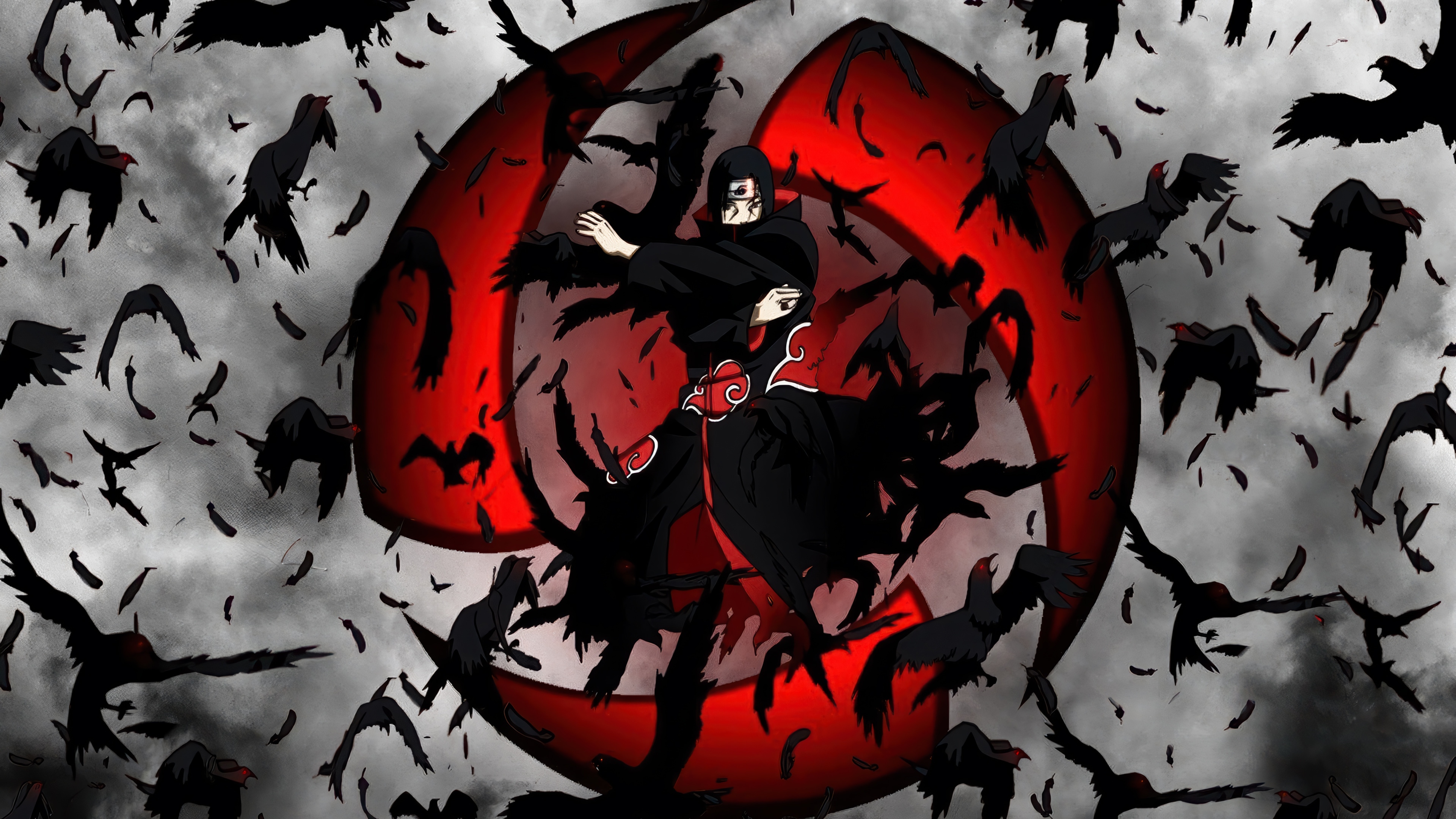Itachi Uchiha surrounded by crows and Sharingan HD Wallpaper