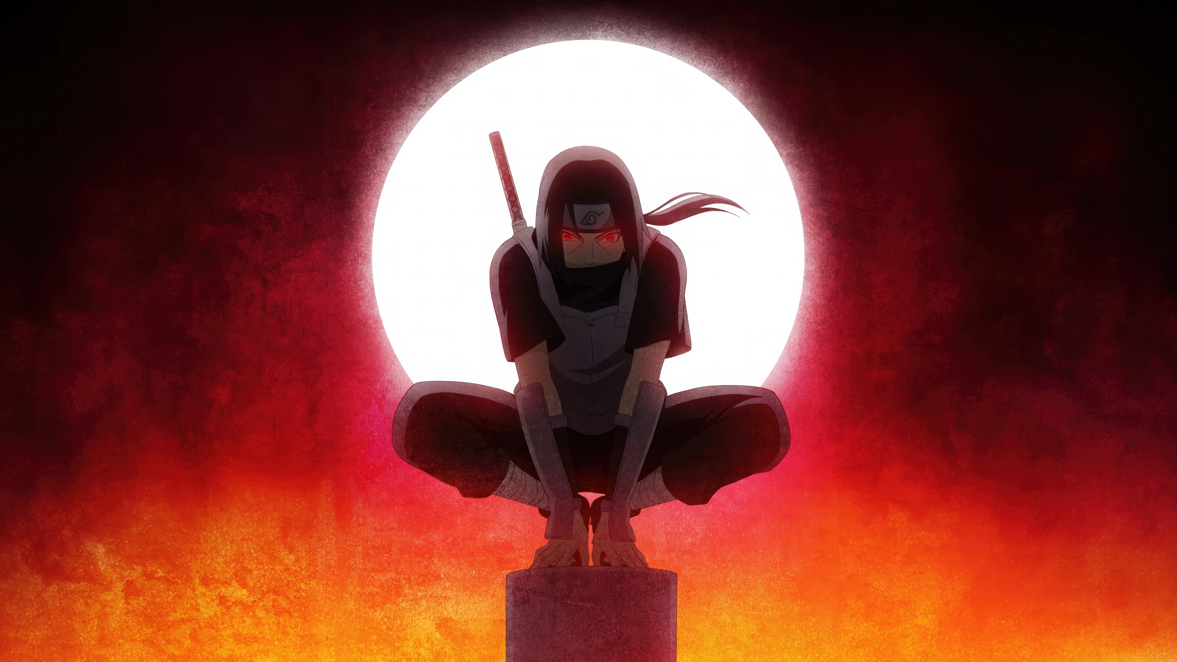 Itachi Uchiha in front of a large moon HD Wallpaper