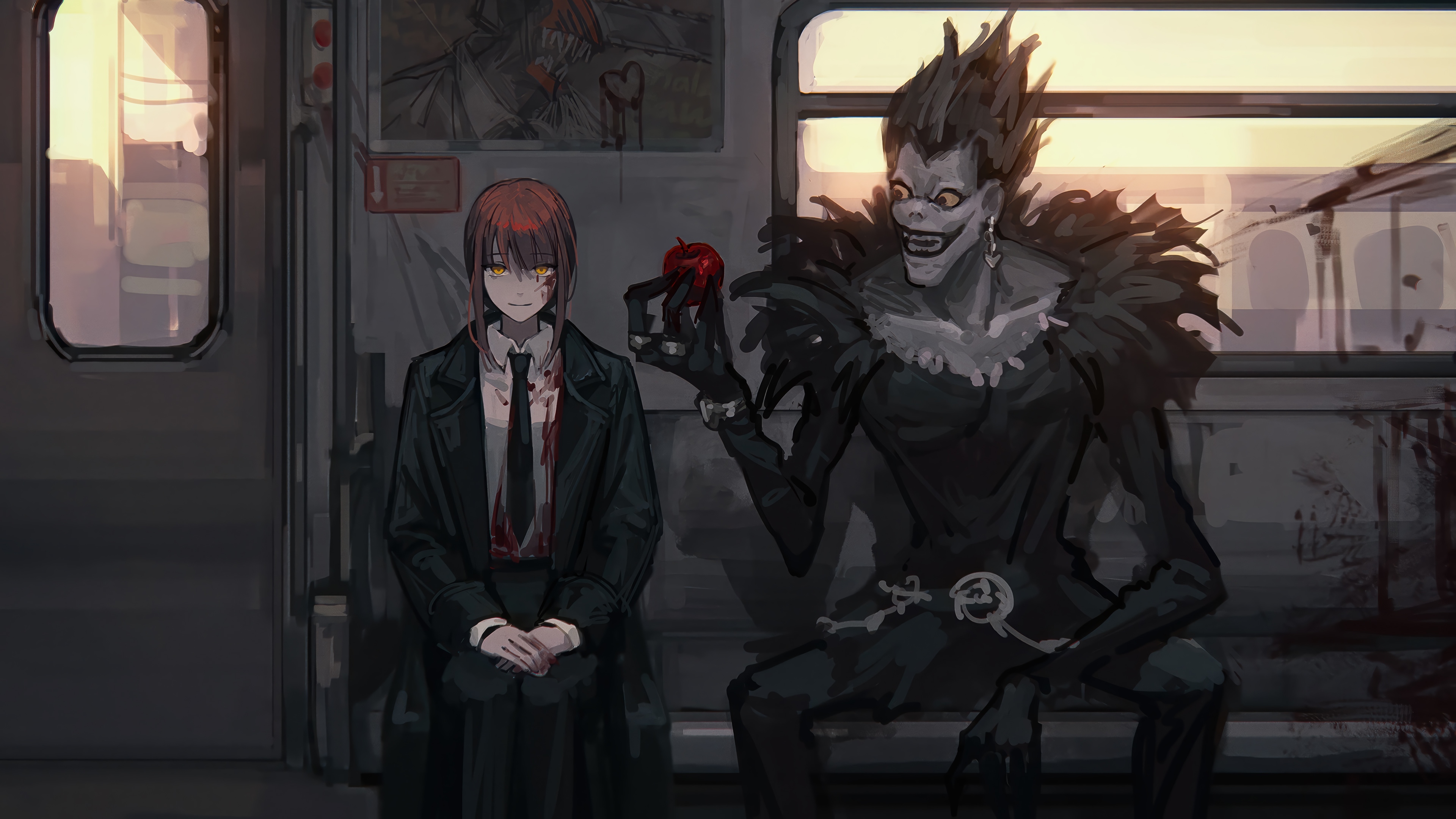 Makima and Ryuk on a Train 4K HD Wallpaper