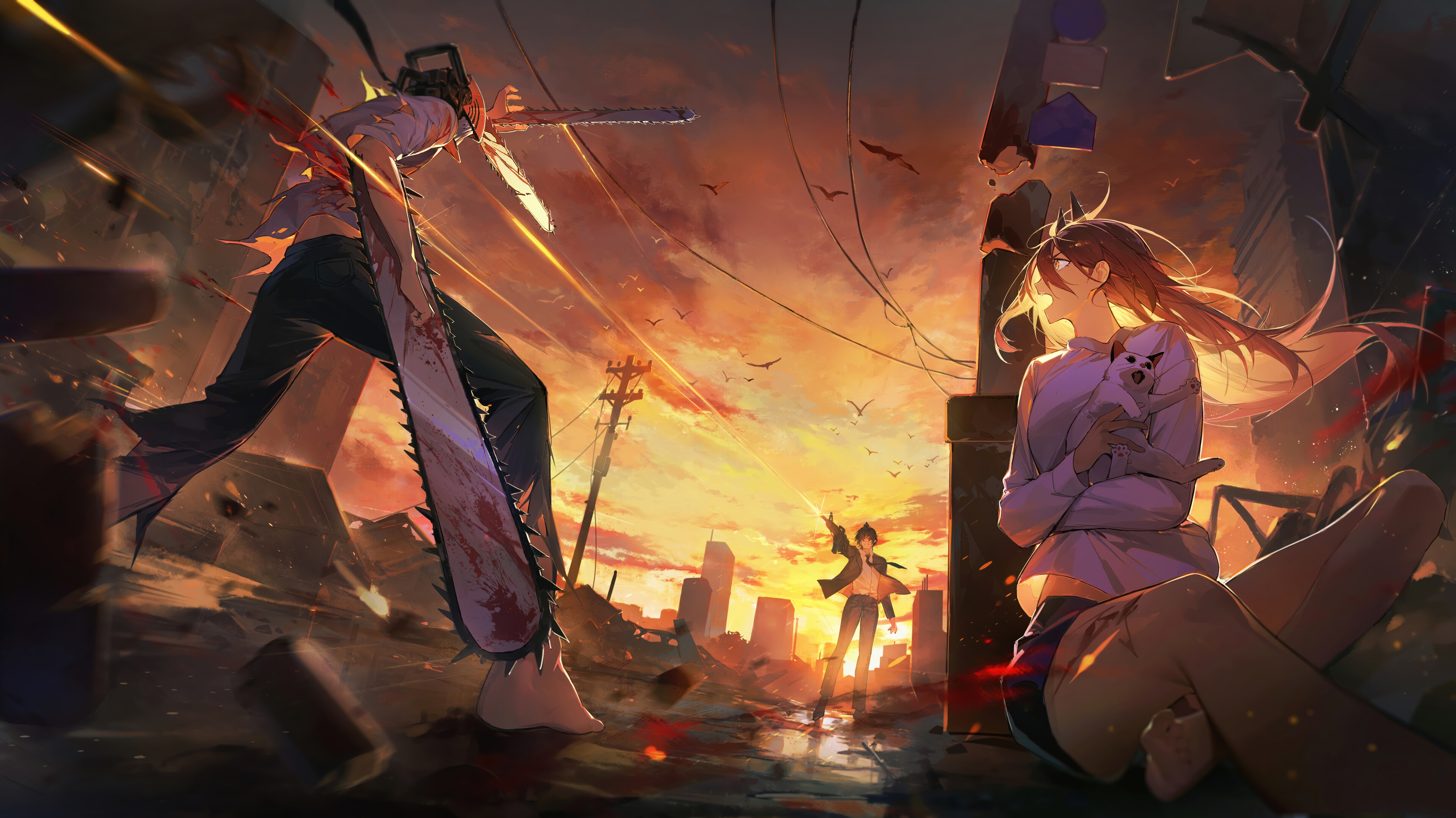Chainsaw Man: Denji and Power in a Ruined City HD Wallpaper