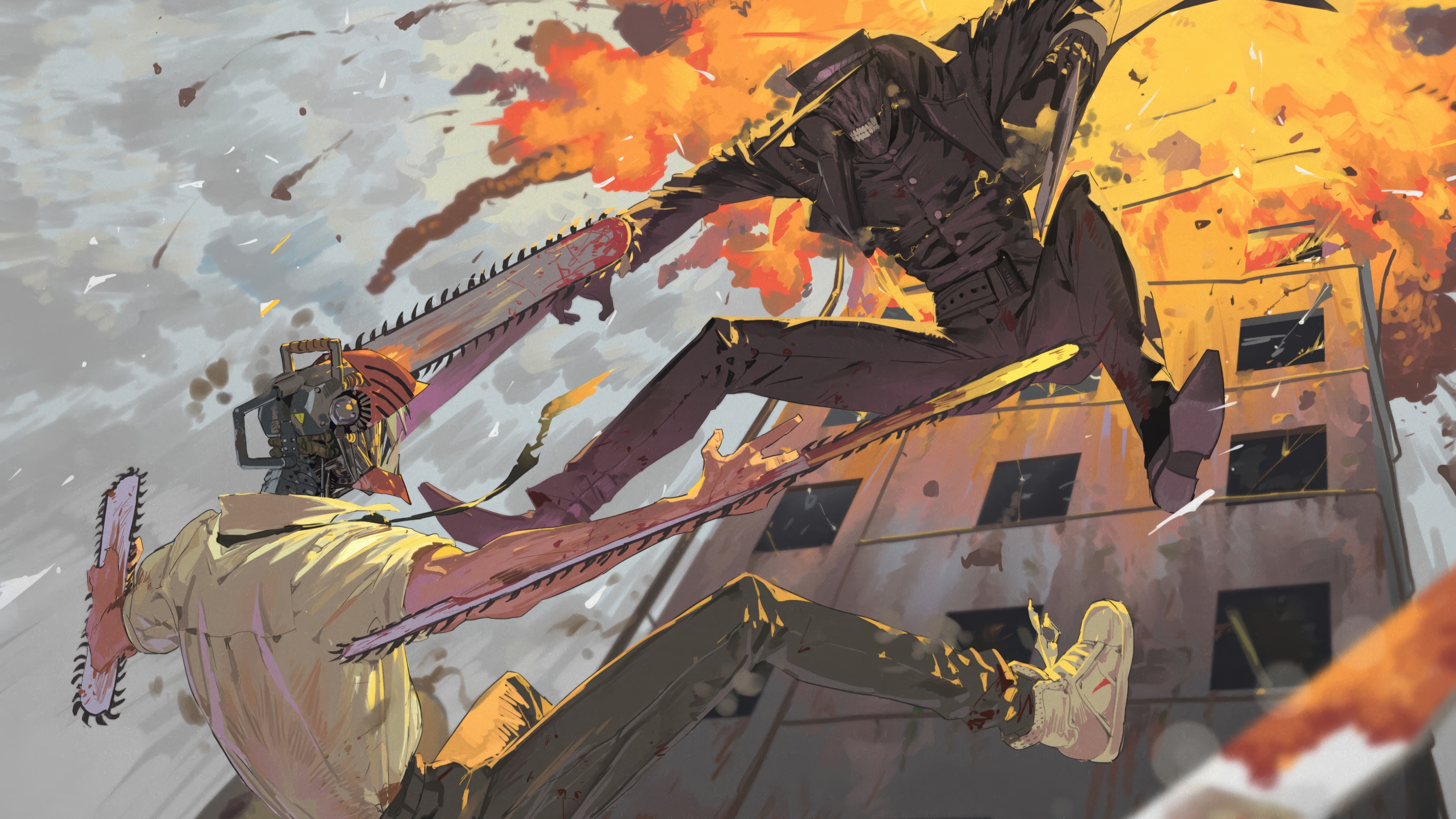 Chainsaw Man and Katana Man in battle HD Wallpaper