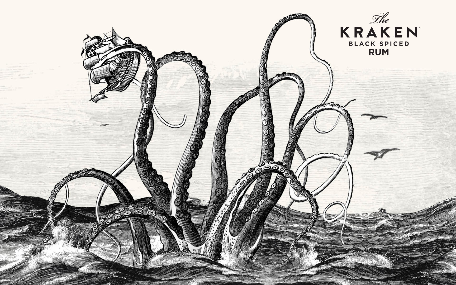 The Kraken Black Spiced Rum with Ship and Sea Monster HD Wallpaper