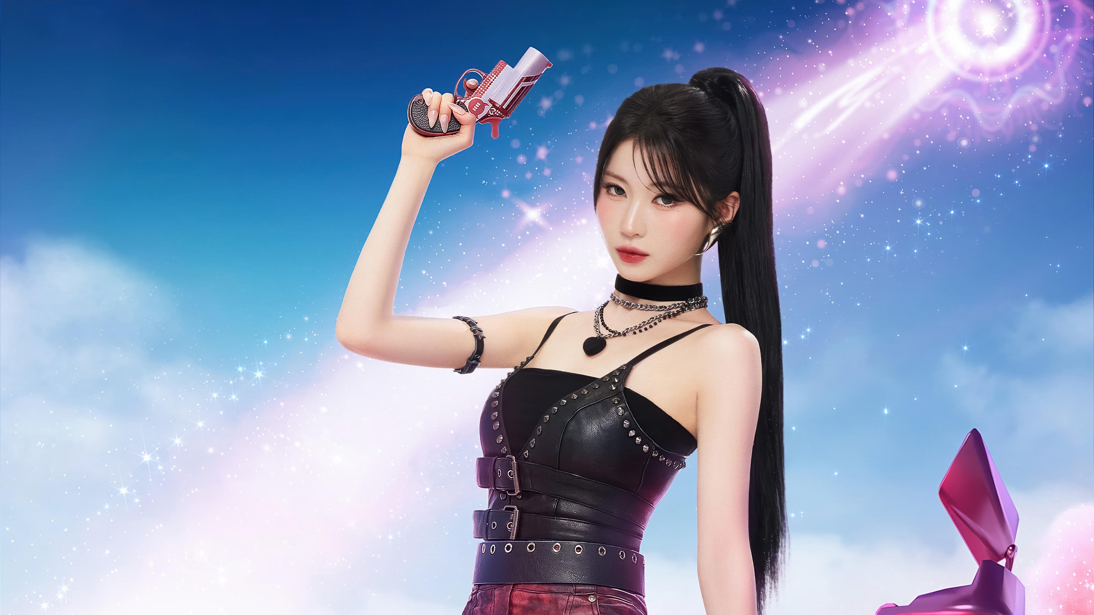 Asa from BABYMONSTER holding a gun in PUBG Mobile 4K HD Wallpaper