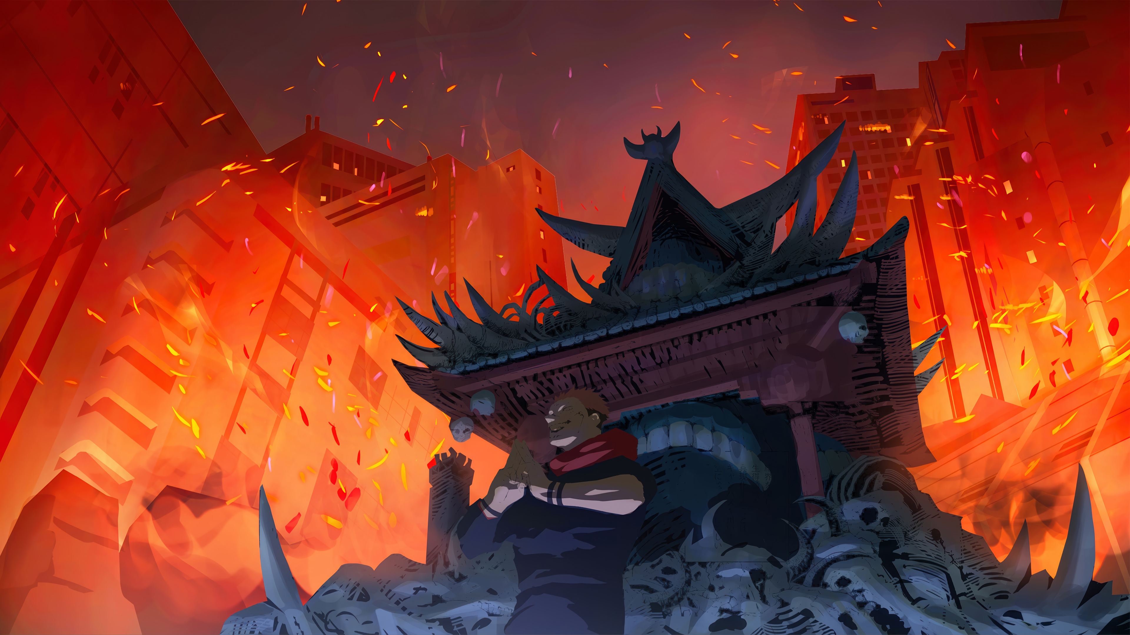 Sukuna in a burning city HD Wallpaper