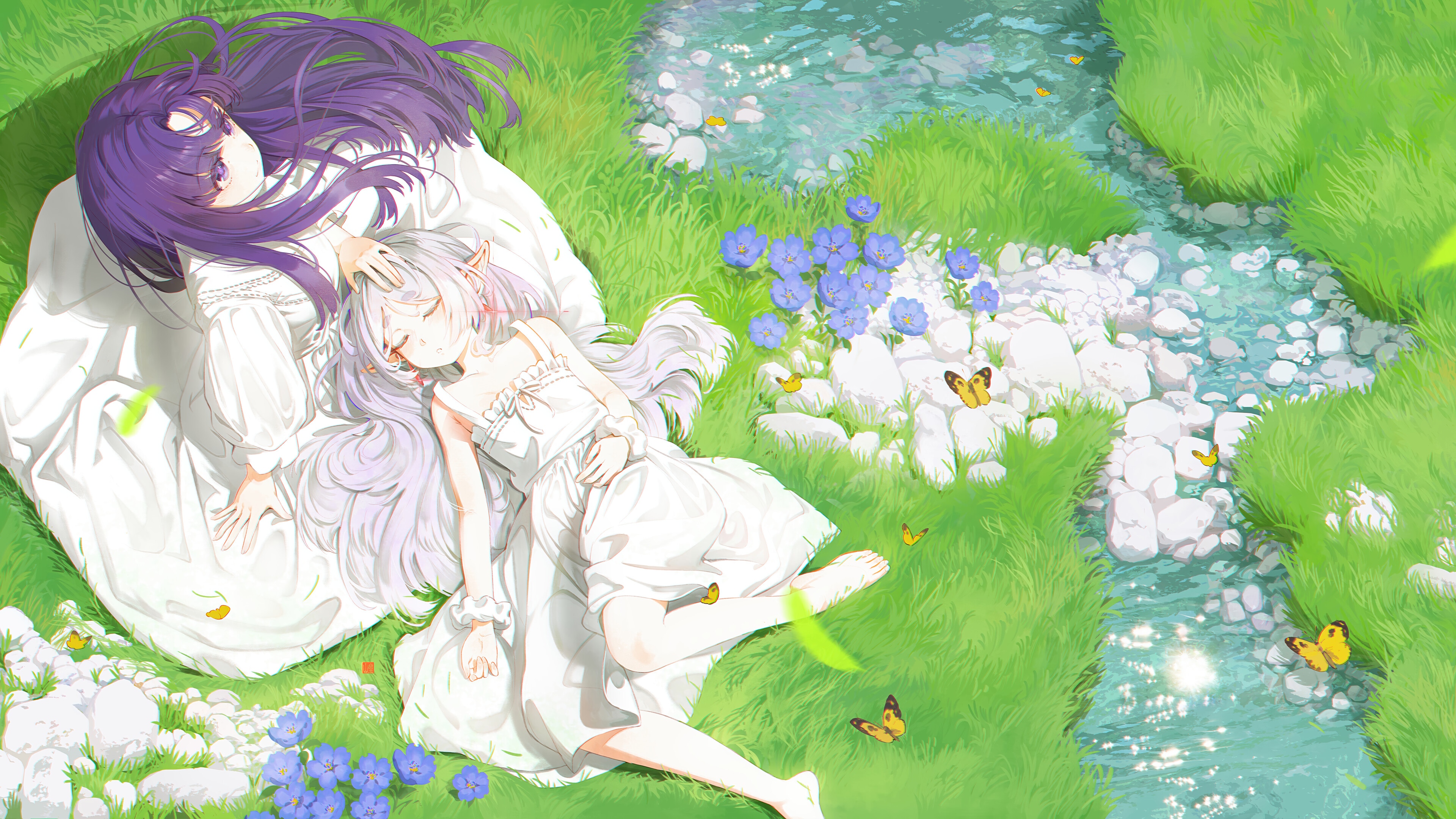 Frieren and Fern sleeping by a stream HD Wallpaper