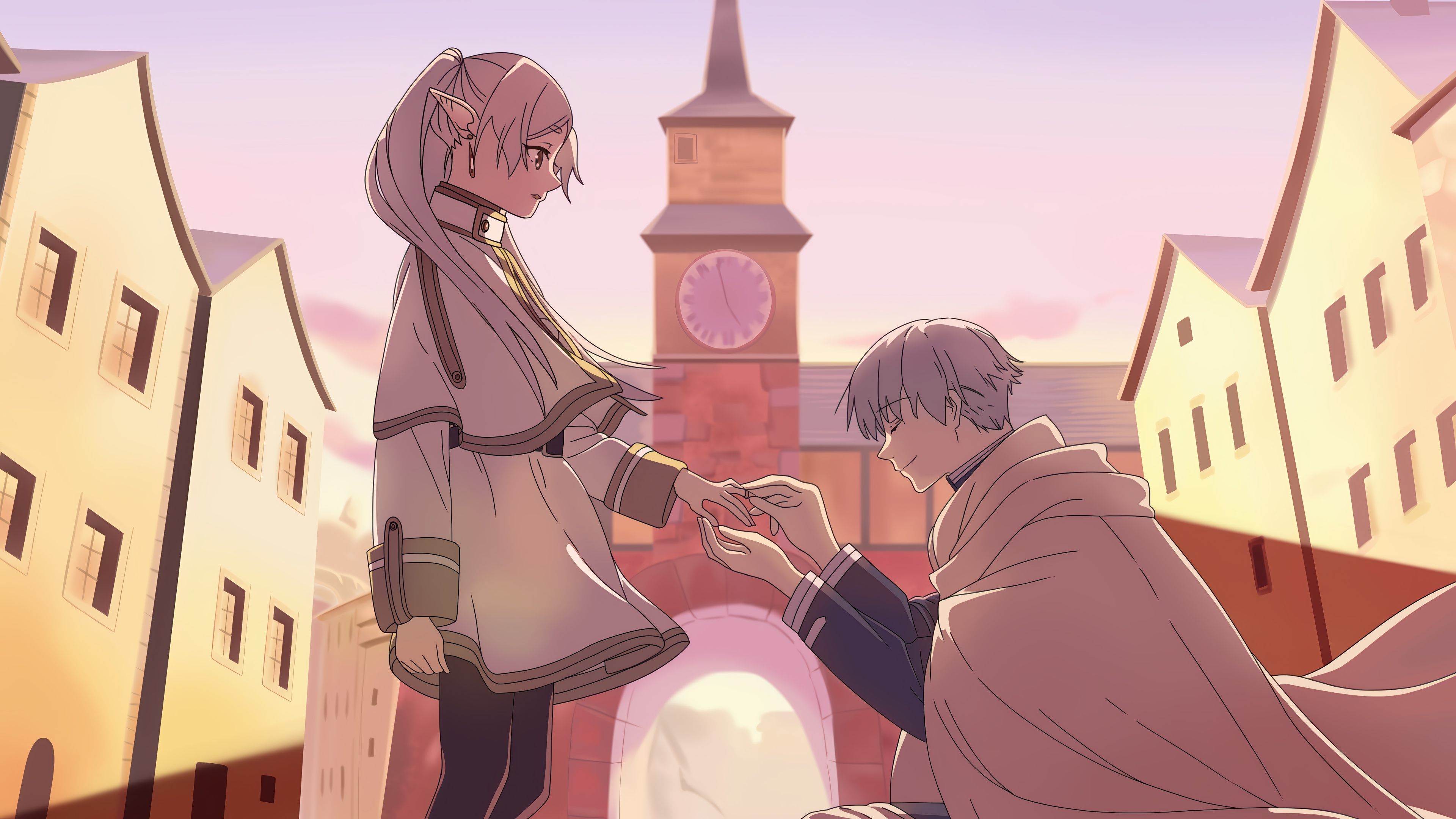 Frieren and Himmel in a town square HD Wallpaper