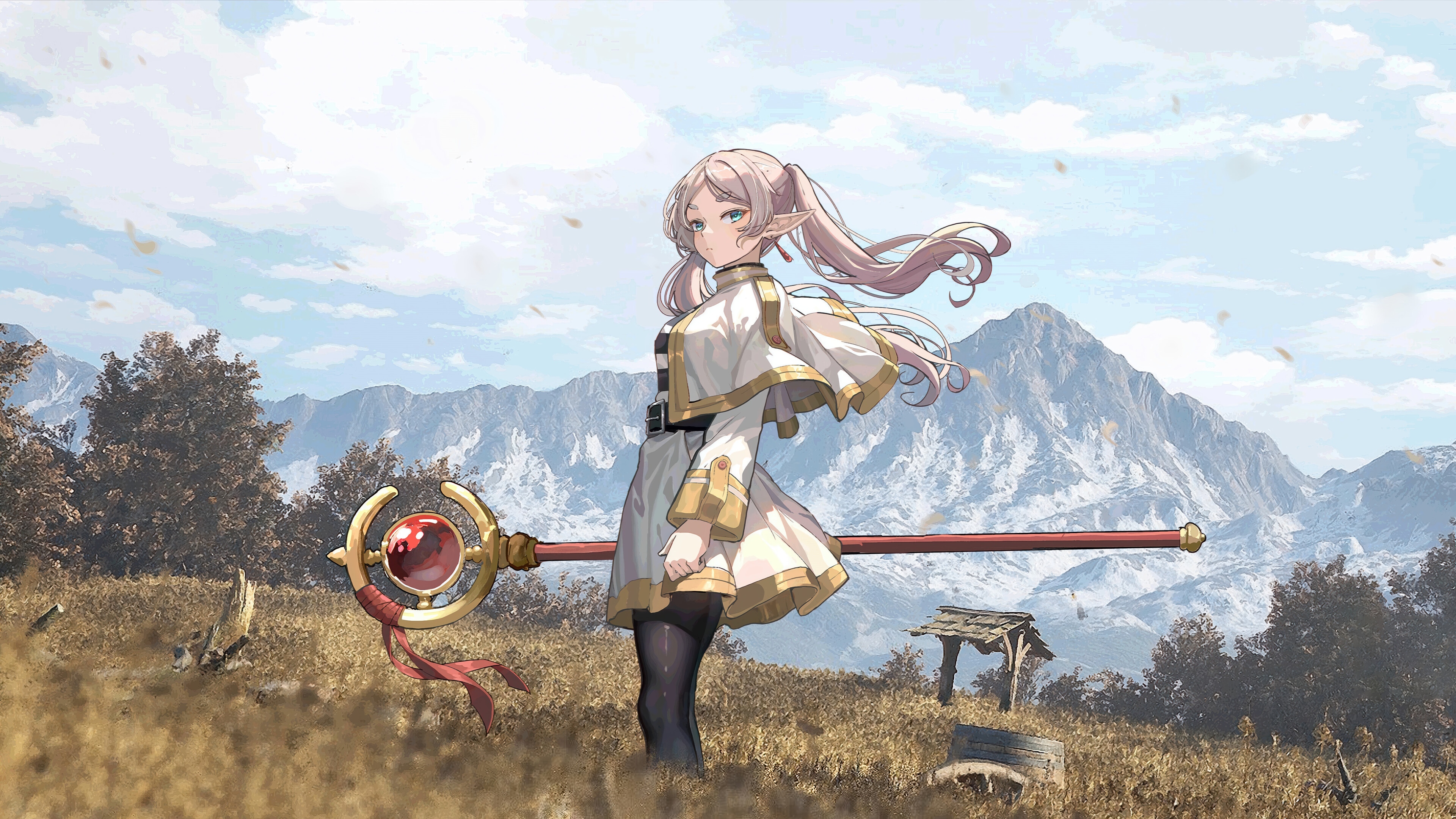 Frieren in a field with mountains in the background HD Wallpaper