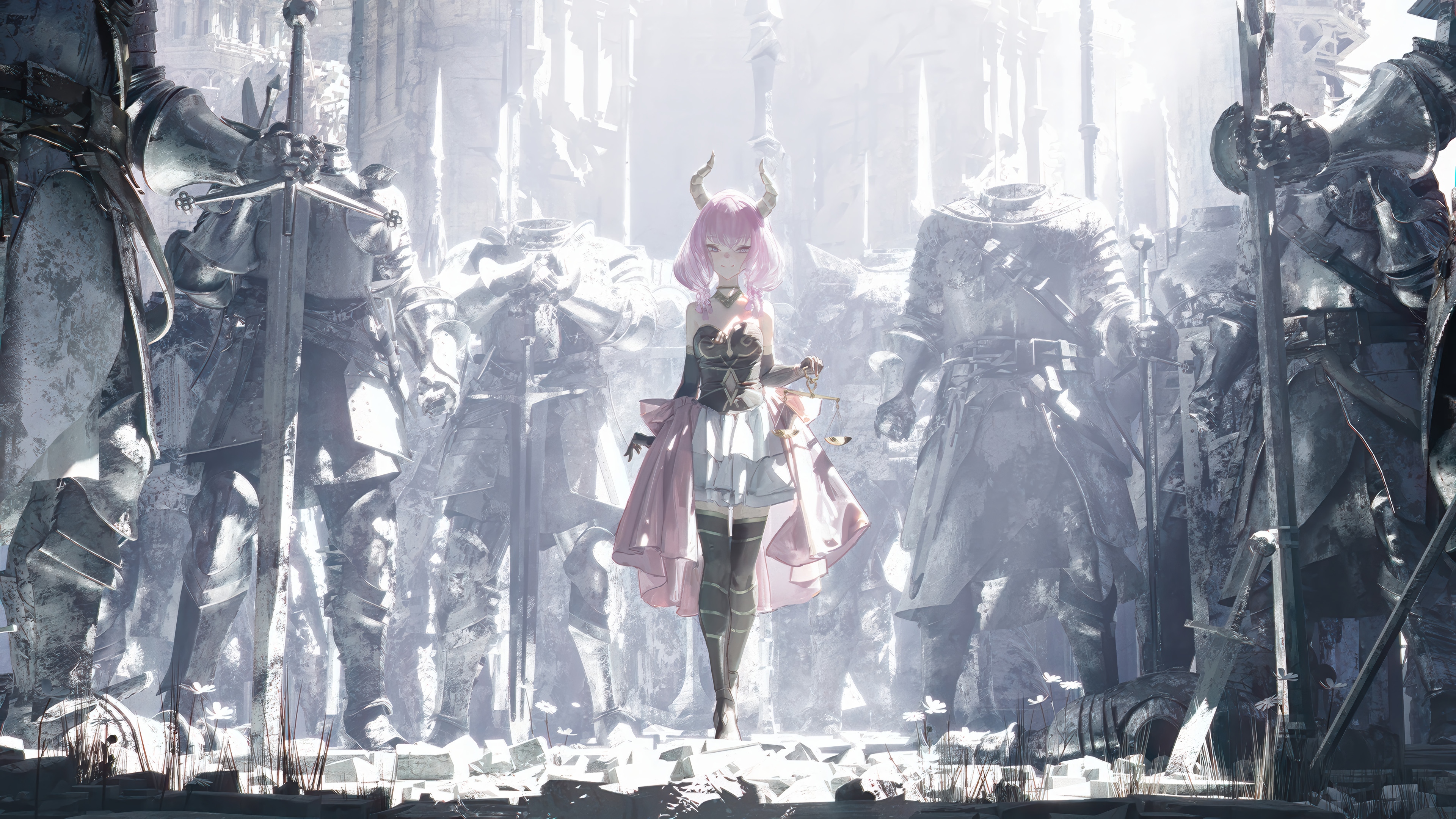 Anime girl with horns standing among knights HD Wallpaper