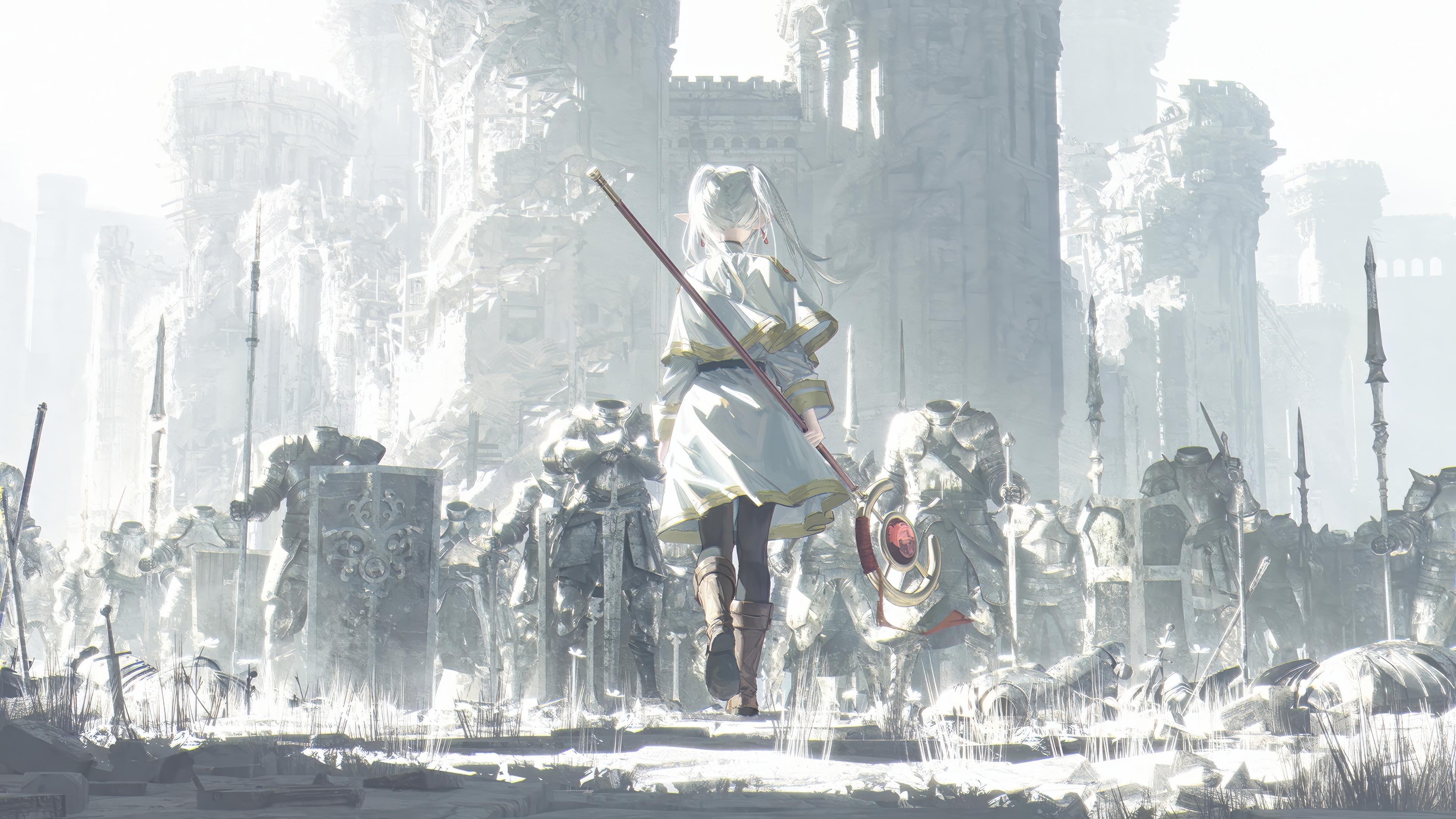 Frieren and knights in a ruined castle 4K HD Wallpaper