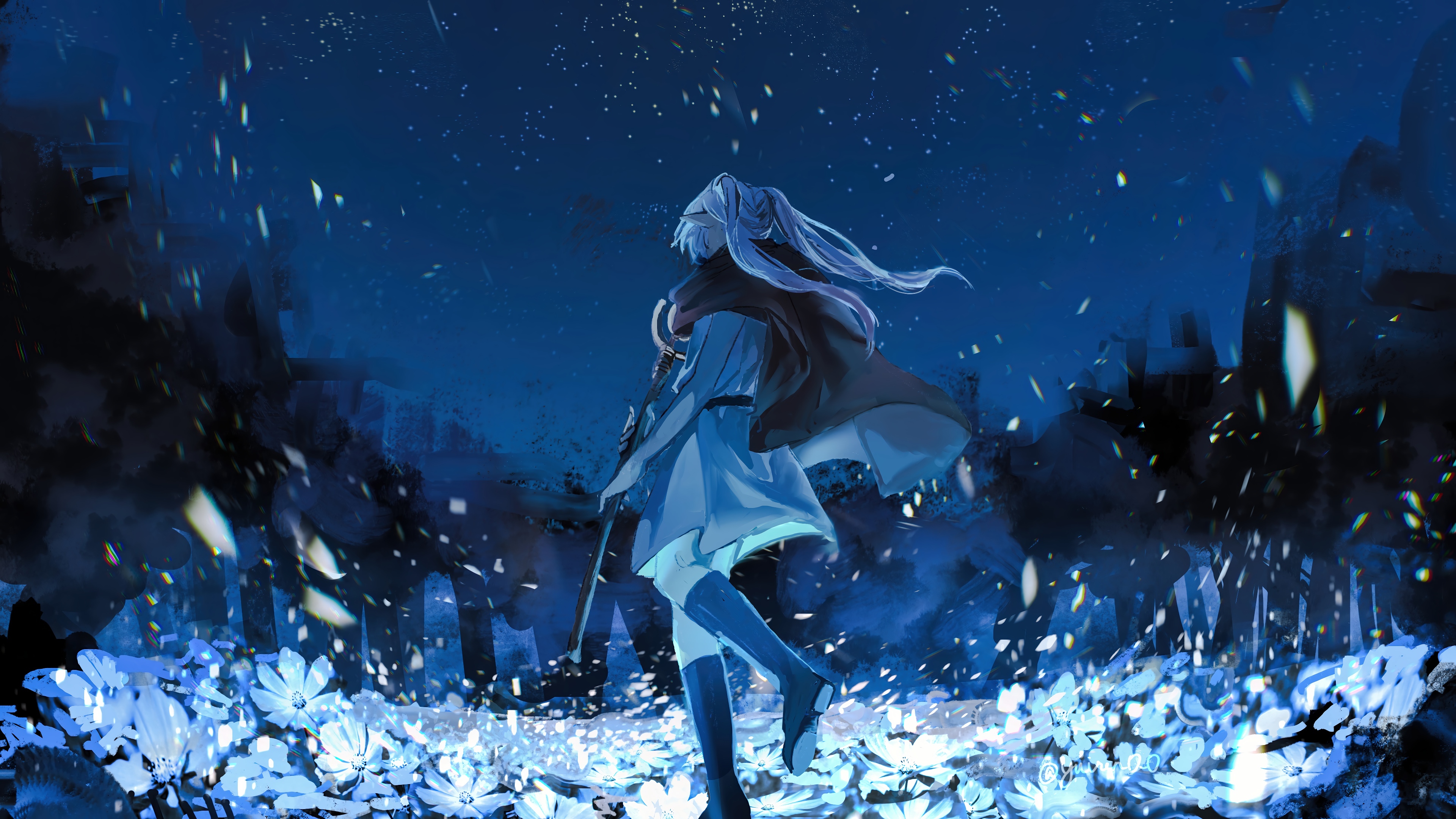 Frieren in a field of glowing flowers at night 4K HD Wallpaper