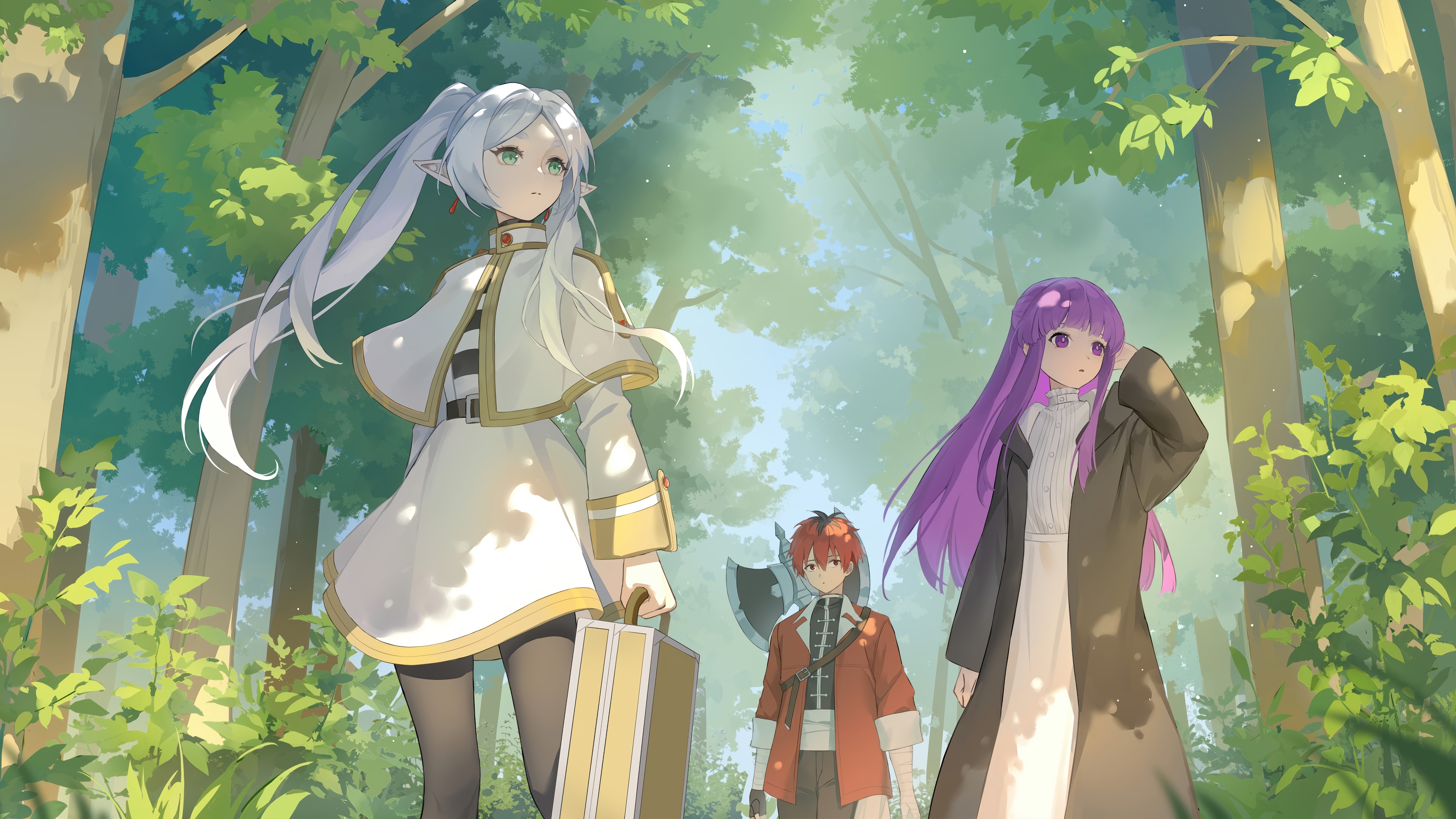 Frieren, Fern, and Stark in a forest HD Wallpaper