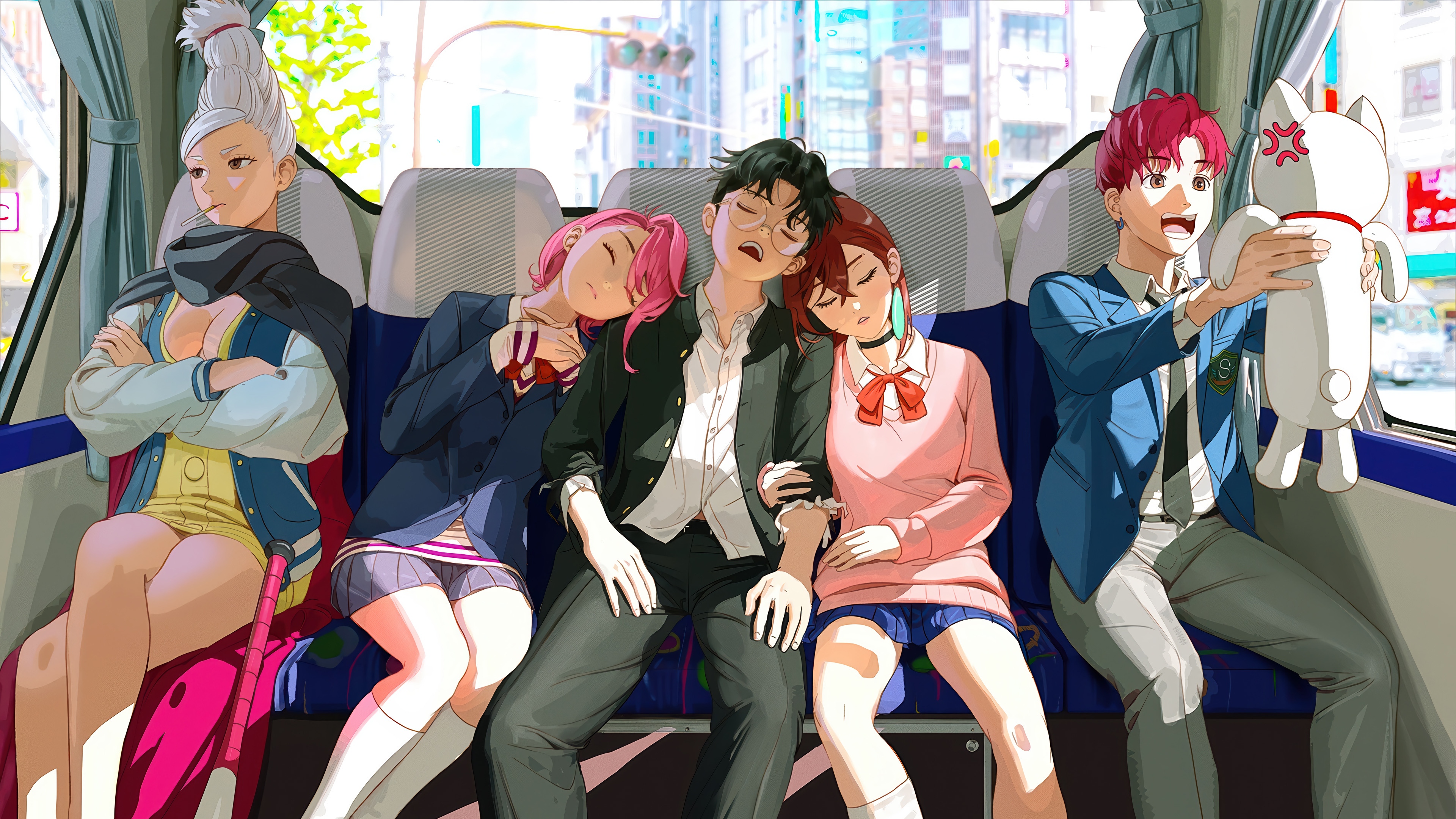 Dandadan: Seiko, Aira, Okarun, Momo, and Jiji on a Bus HD Wallpaper