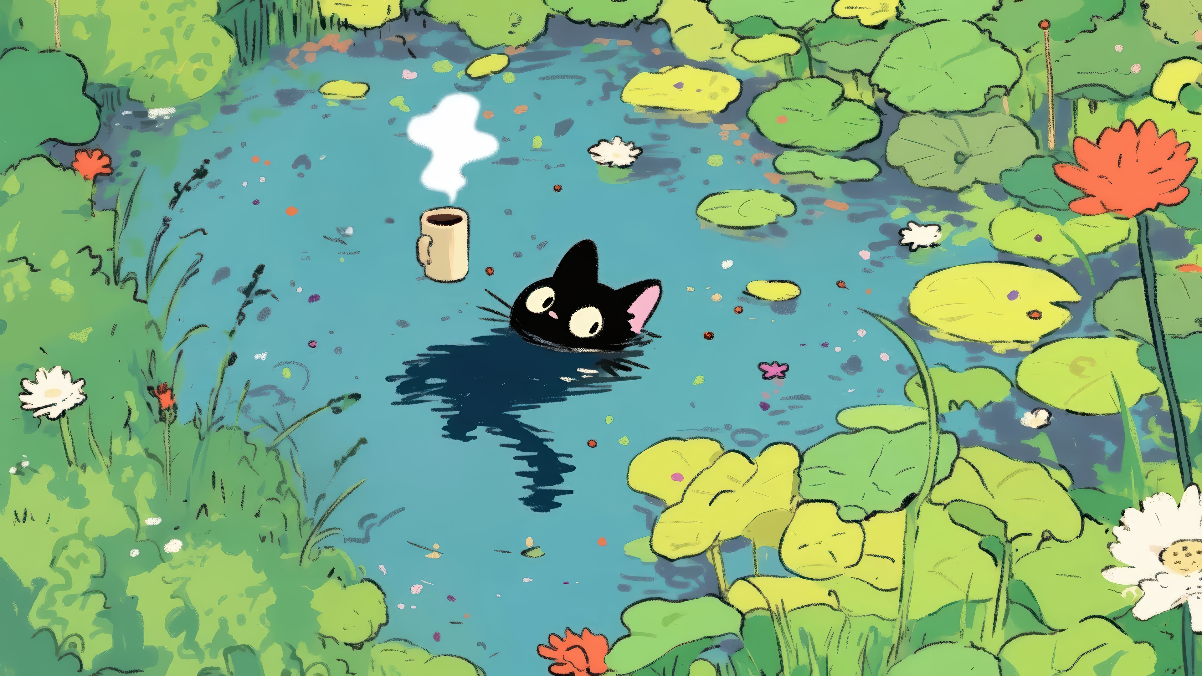 Black Cat and Coffee in a Pond HD Wallpaper
