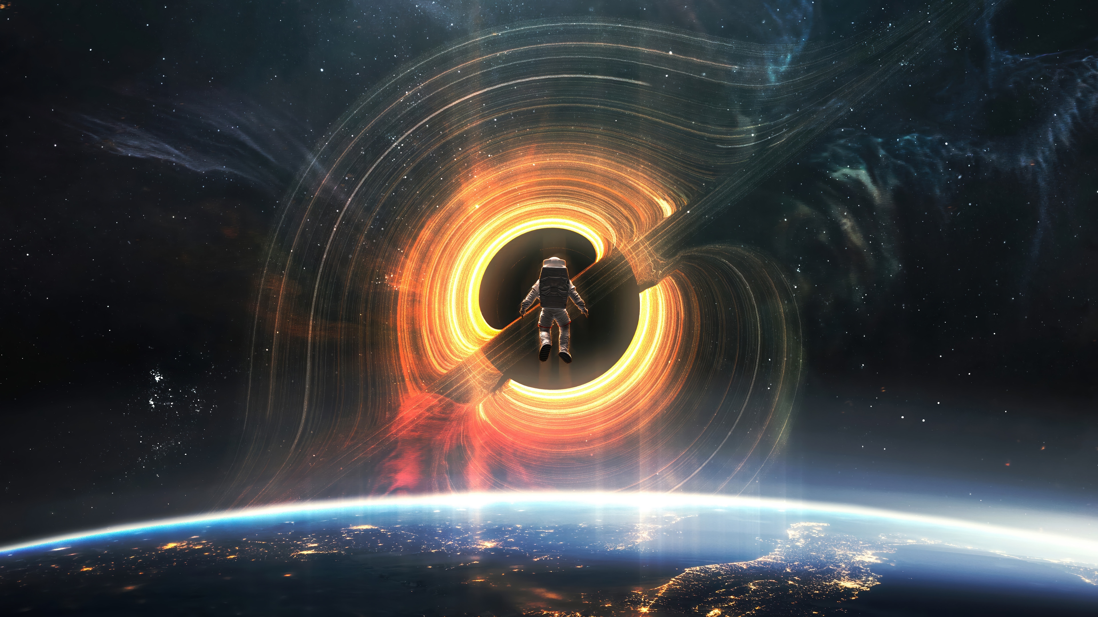 Astronaut near a Black Hole and Earth 4K HD Wallpaper