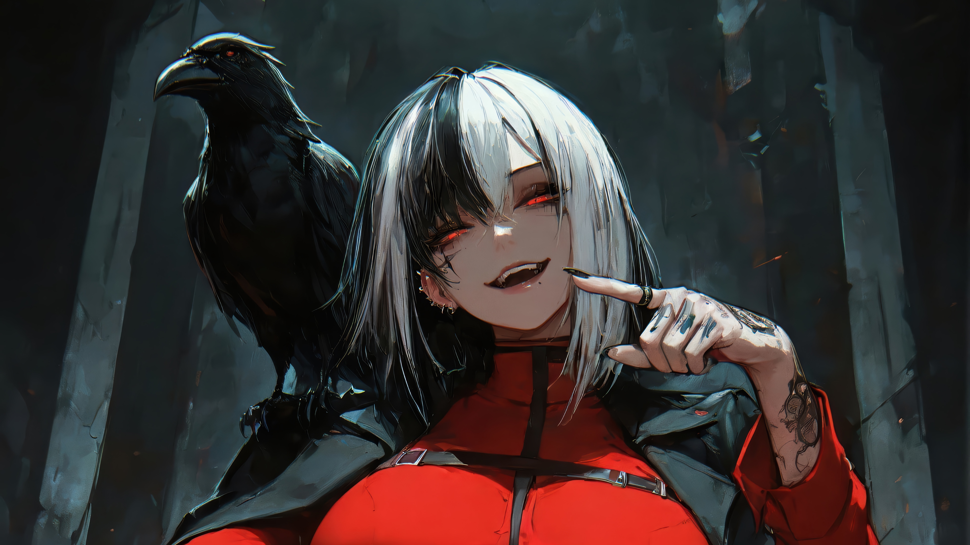 Anime Girl with Crow and Red Eyes 4K HD Wallpaper