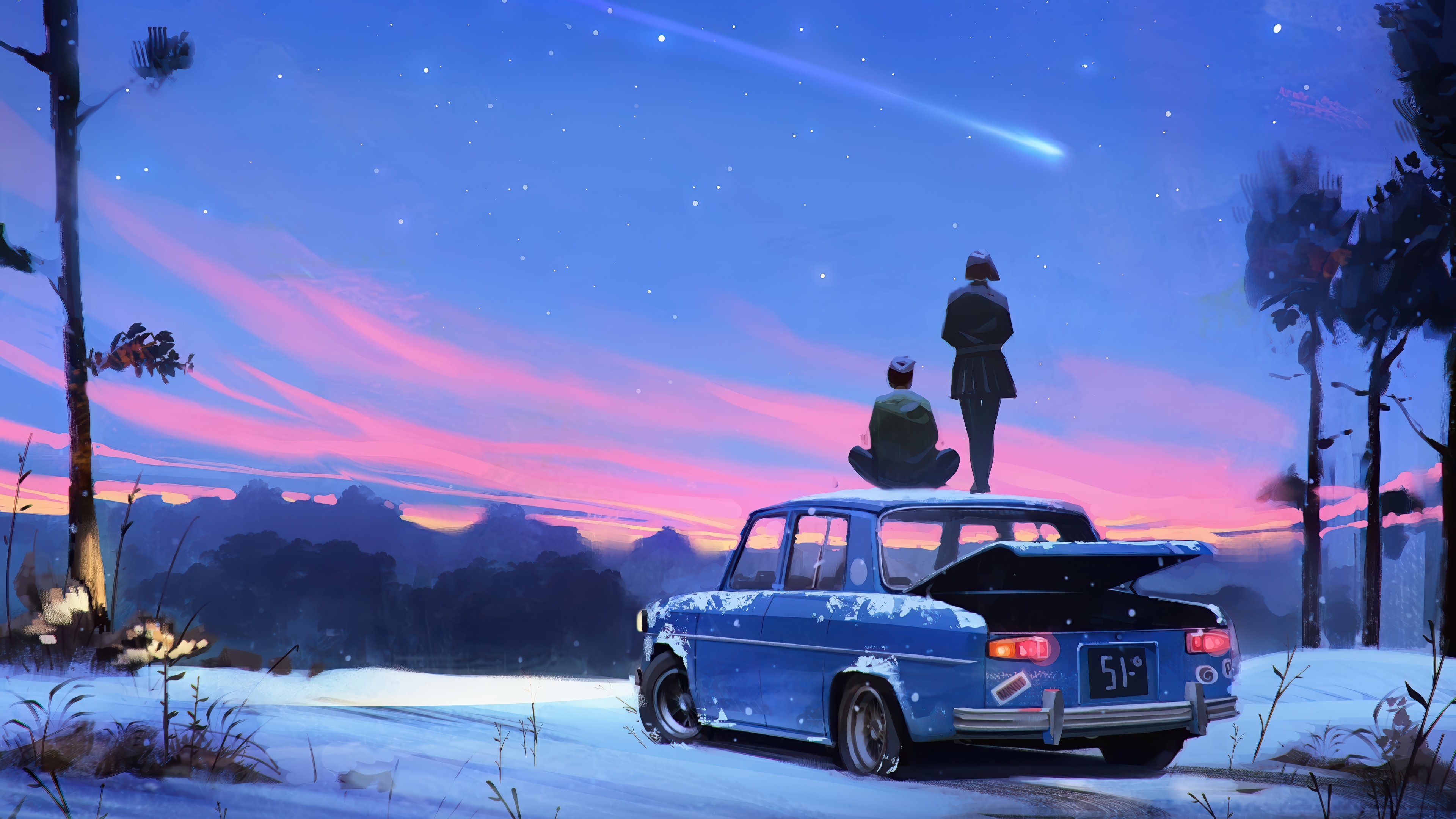 Couple watching a comet over a snowy landscape HD Wallpaper