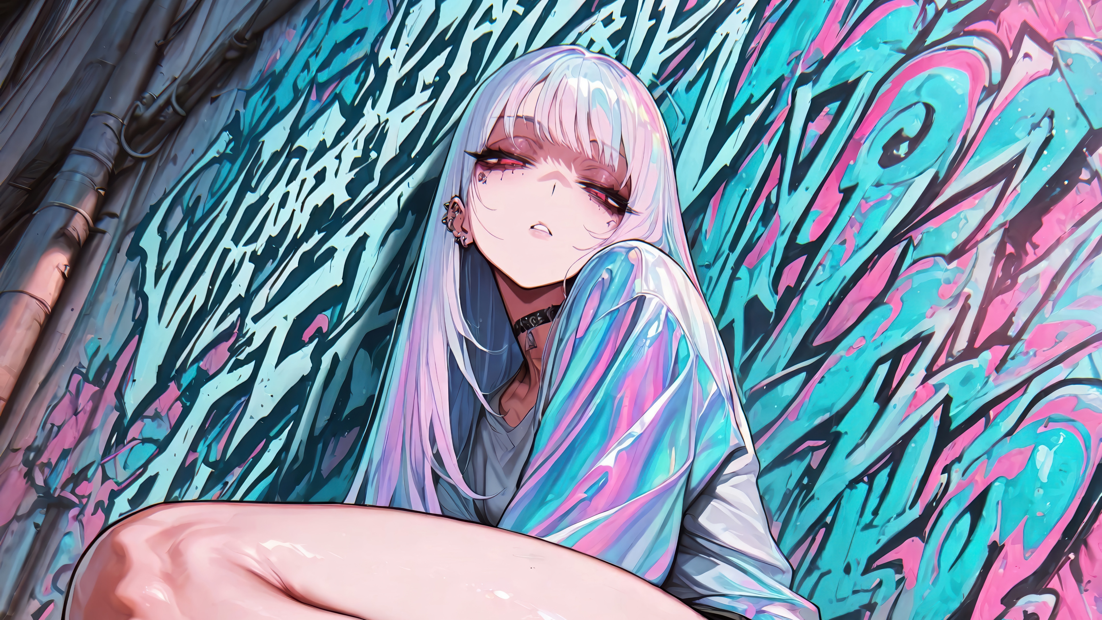 Anime Girl with White Hair and Graffiti HD Wallpaper
