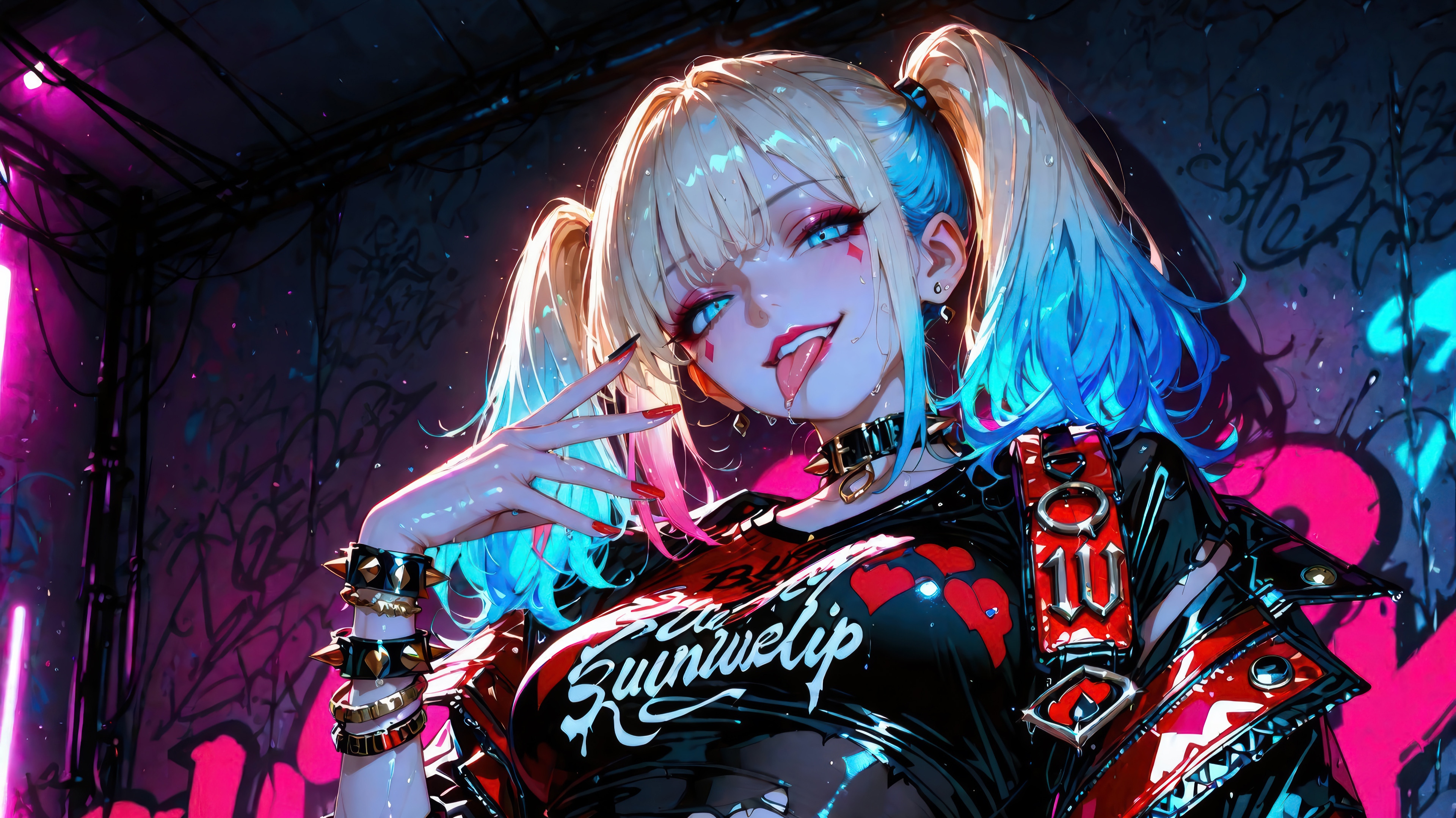 Anime Harley Quinn in a cyberpunk alley 4K HD Wallpaper