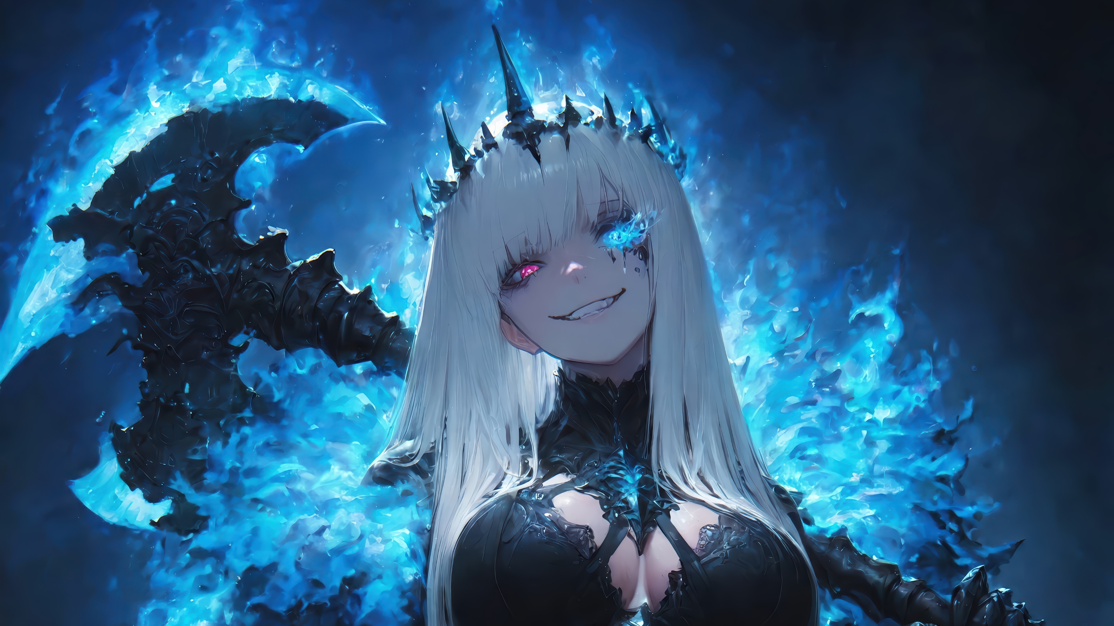 Anime Warrior Girl with Axe and Blue Flames 4K HD Wallpaper