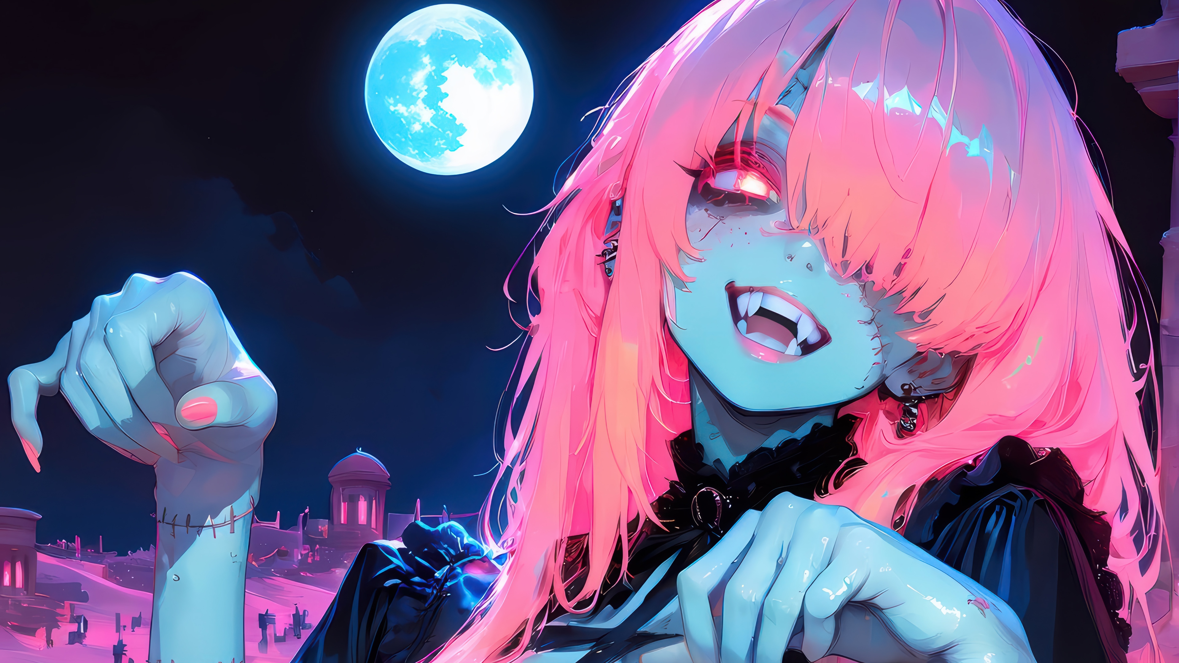 Anime Zombie Girl with Pink Hair and Blue Moon 4K HD Wallpaper