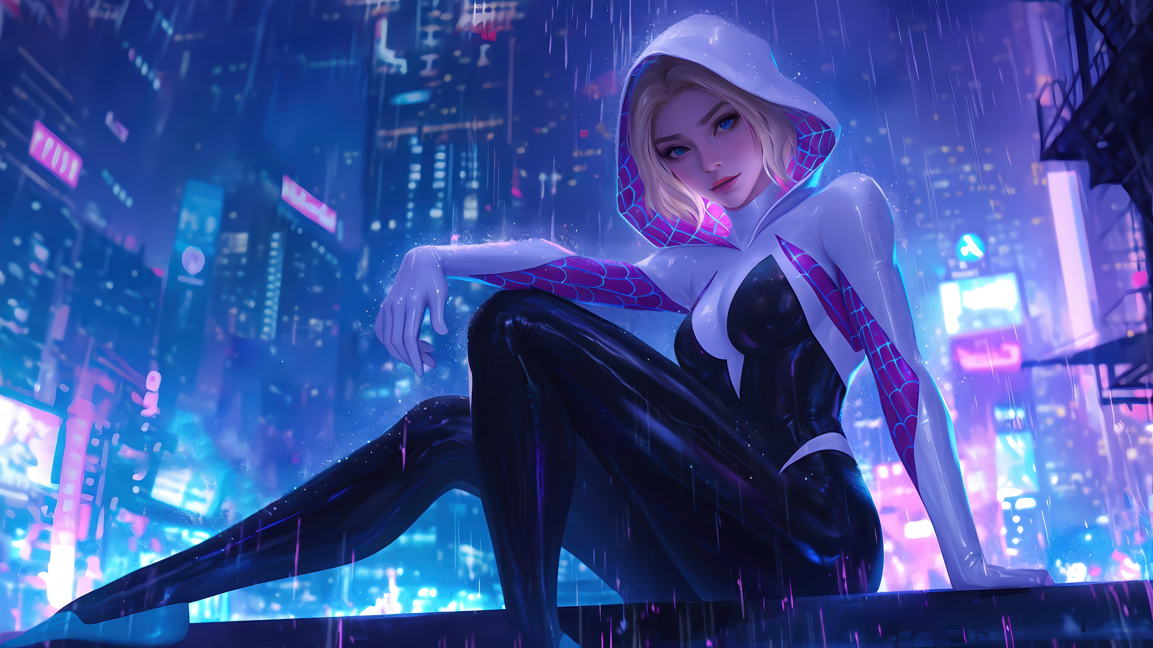 Spider-Gwen in a rainy neon city at night 4K HD Wallpaper